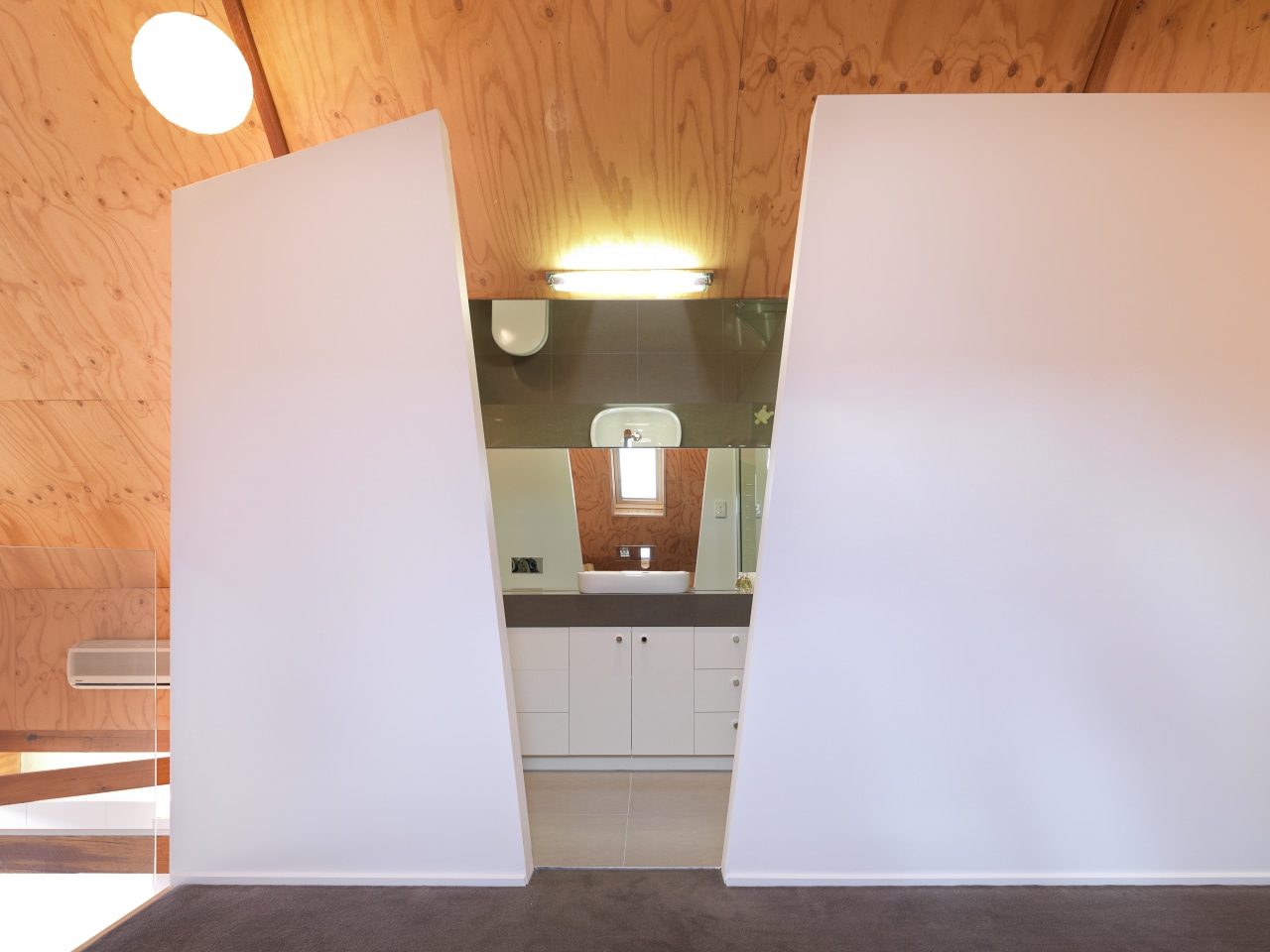 View of bathroom suite with angled openings architecture, ceiling, daylighting, floor, home, house, interior design, property, real estate, room, wall, wood, white, orange