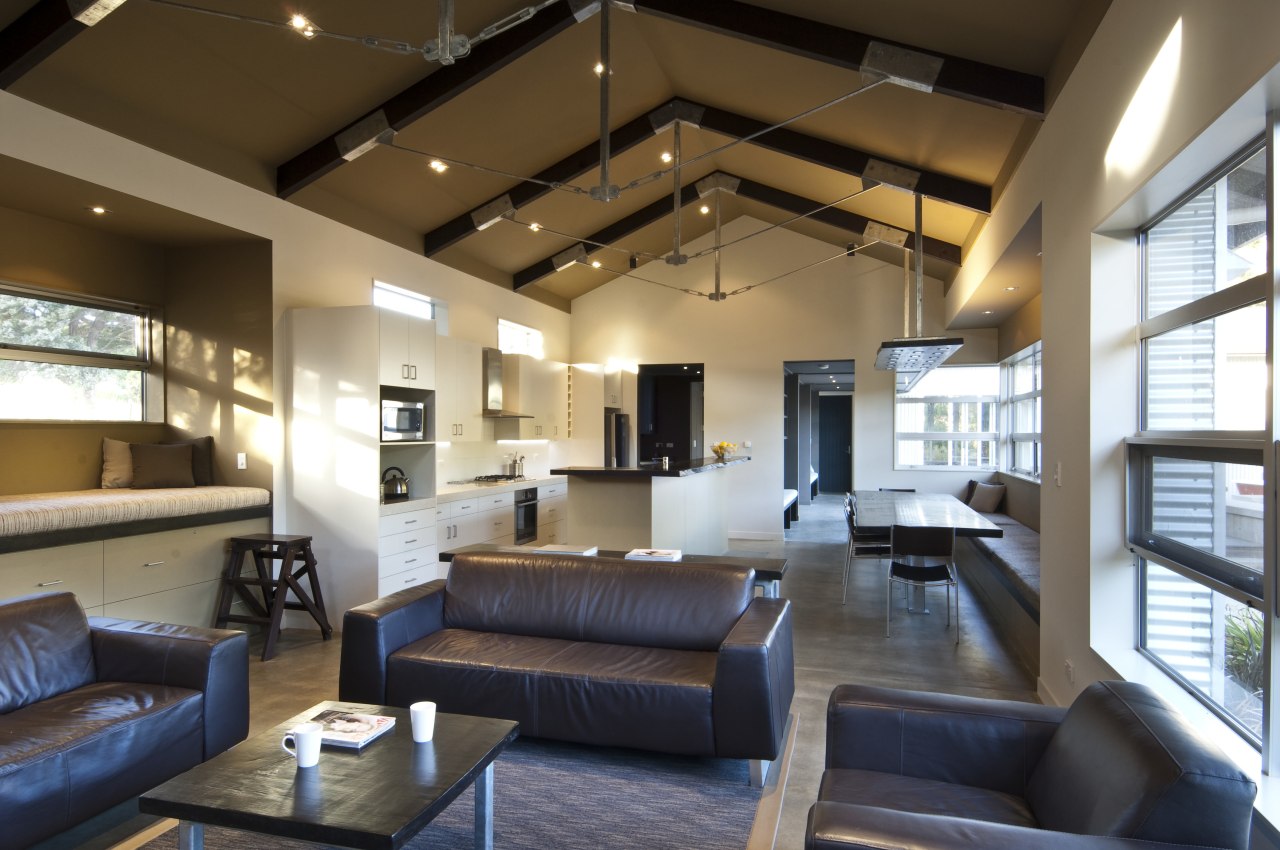 View of rural home with open plan lounge ceiling, house, interior design, living room, lobby, loft, real estate, brown