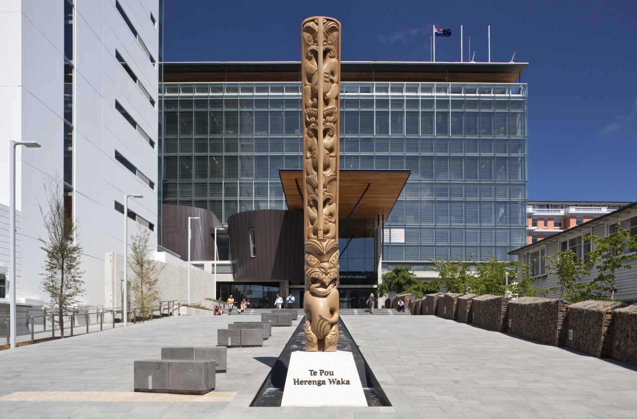 View of the Christchurch City Council building, with architecture, building, memorial, monument, statue, gray