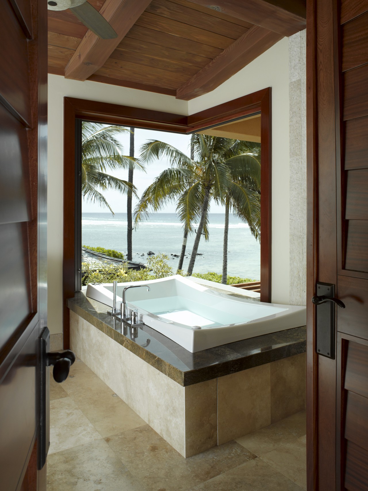 View of vacation home with wooden ceilings and architecture, bathroom, bathtub, daylighting, estate, home, house, interior design, property, real estate, room, window, brown
