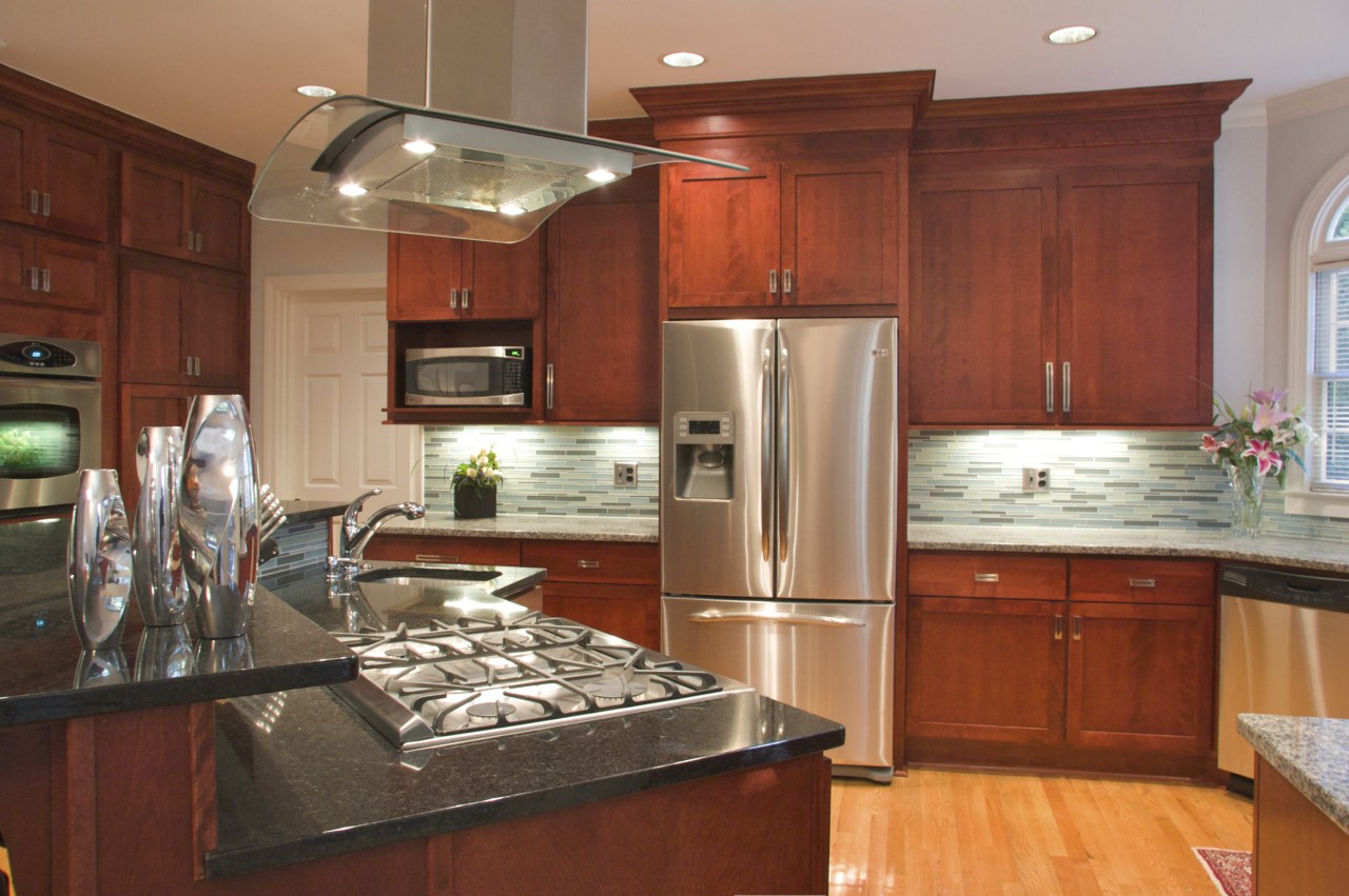 View of a wooden kitchen designed by Instinctive cabinetry, countertop, cuisine classique, hardwood, home, interior design, kitchen, real estate, room, brown, red