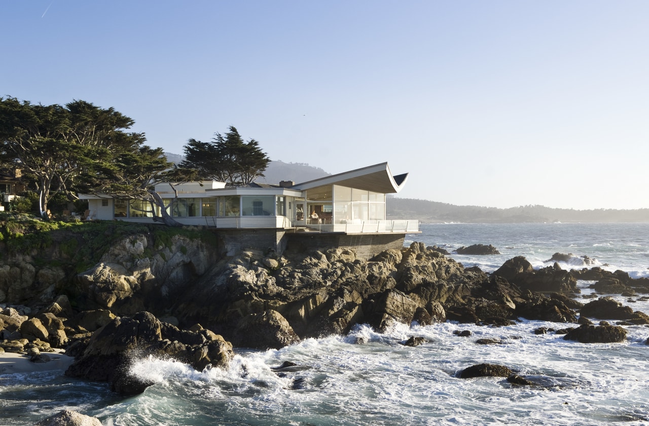 View of the oceanfront Butterfly House in Carmel coast, coastal and oceanic landforms, cottage, house, ocean, promontory, real estate, sea, shore, white, black