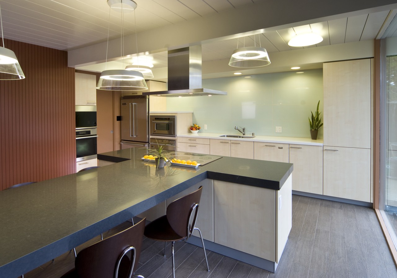 View of contemporary kitchen, bench, breakfast bar, white countertop, interior design, kitchen, real estate, room, gray, brown