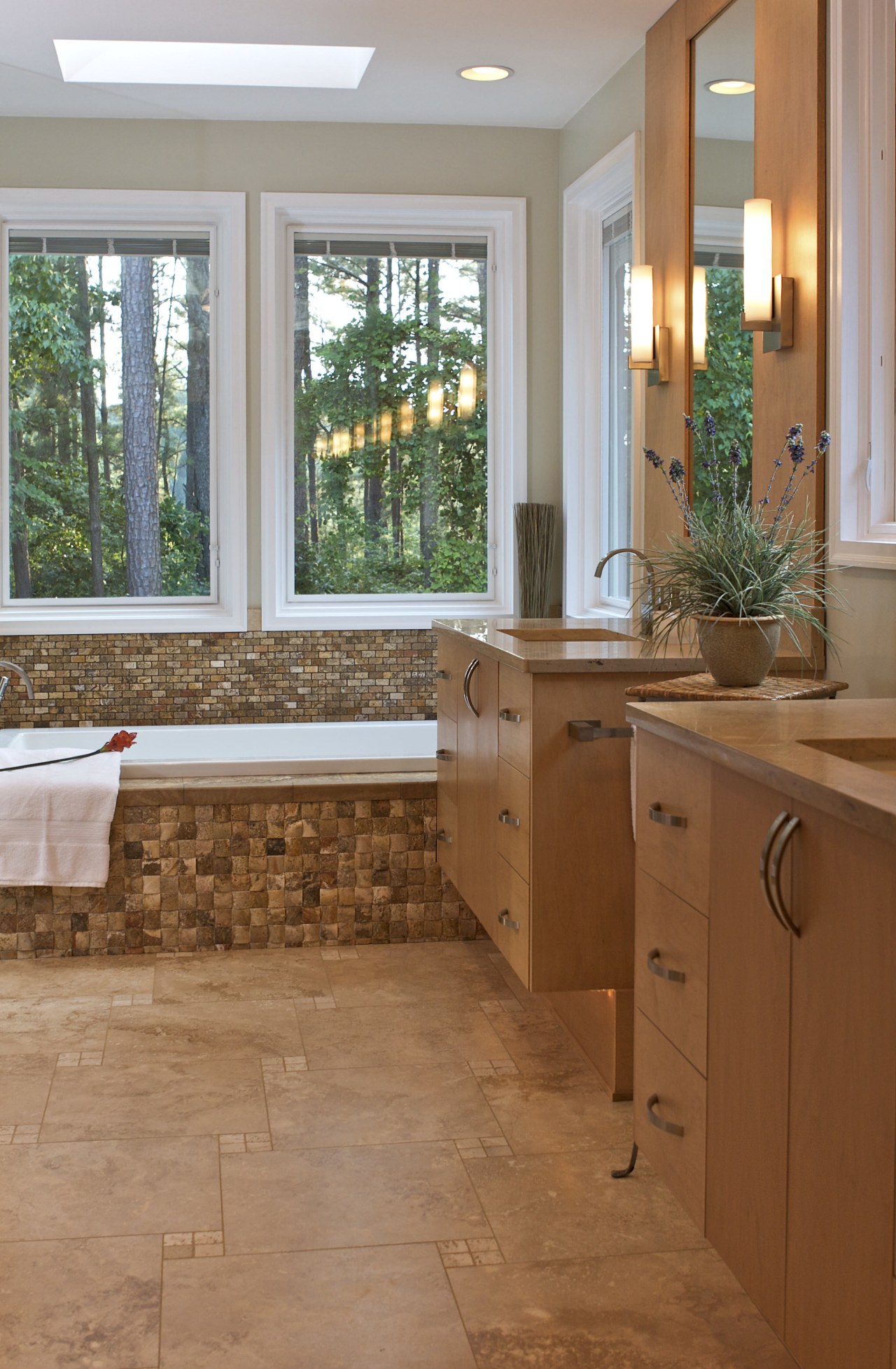 View of modernized bathroom with mosaic design tub bathroom, cabinetry, countertop, estate, floor, flooring, hardwood, home, interior design, kitchen, laminate flooring, real estate, room, tile, wall, window, wood, wood flooring, brown, gray