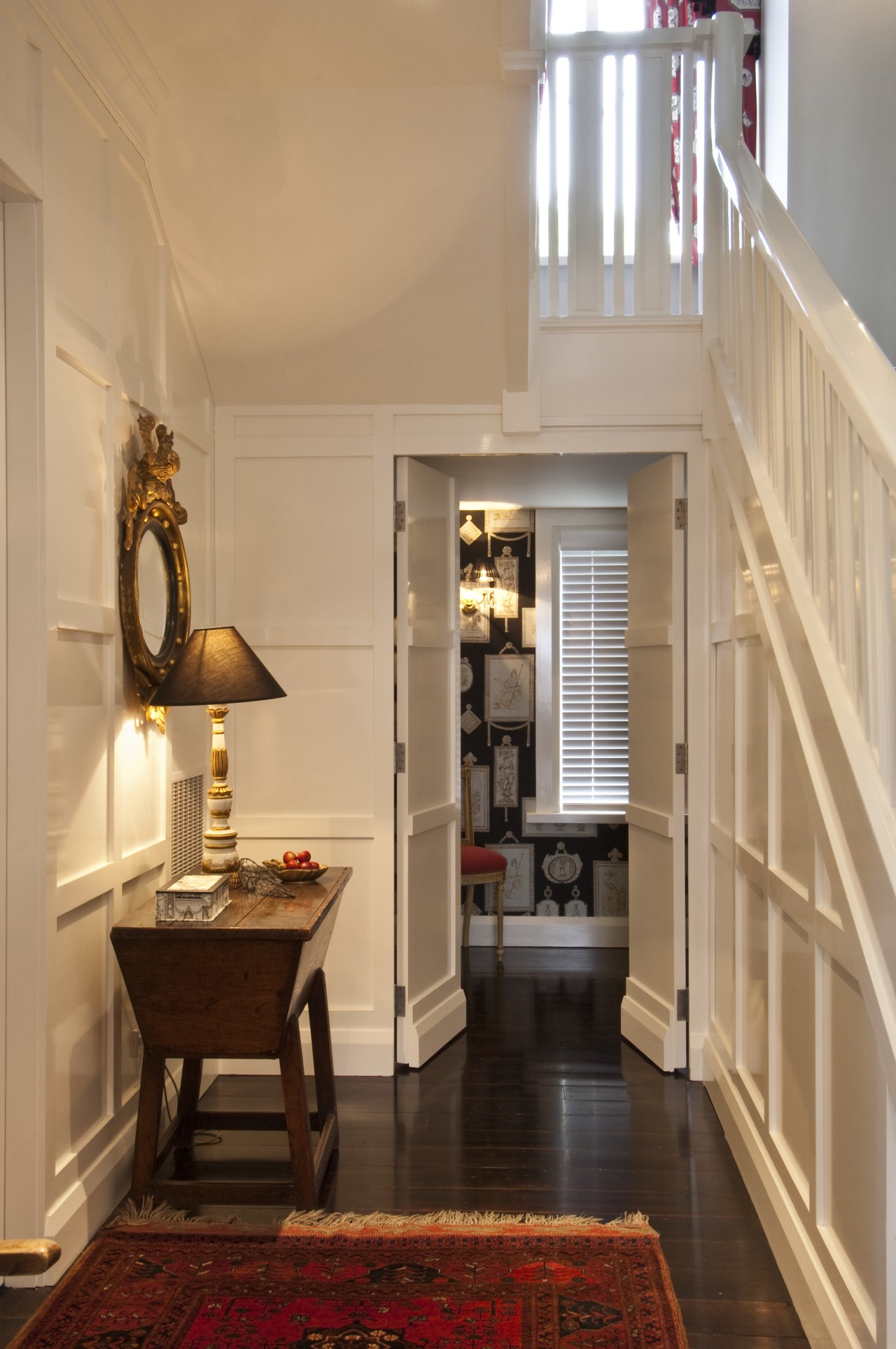 Interior view of traditional style home with white ceiling, floor, flooring, hardwood, home, interior design, room, orange