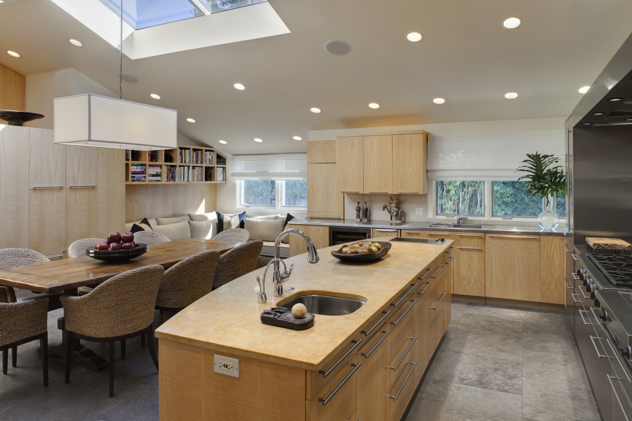 View of kitchen with wooden cabinetry and island, ceiling, countertop, interior design, kitchen, real estate, gray