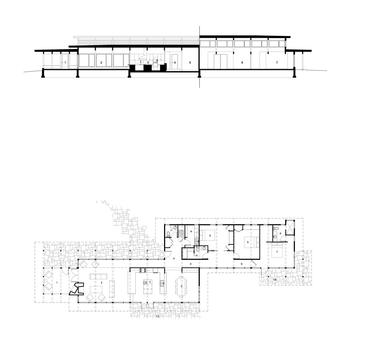 View of sunken open-plan kitchen with wooden cabinetry, angle, architecture, area, design, diagram, drawing, elevation, floor plan, font, line, plan, product design, technical drawing, text, white