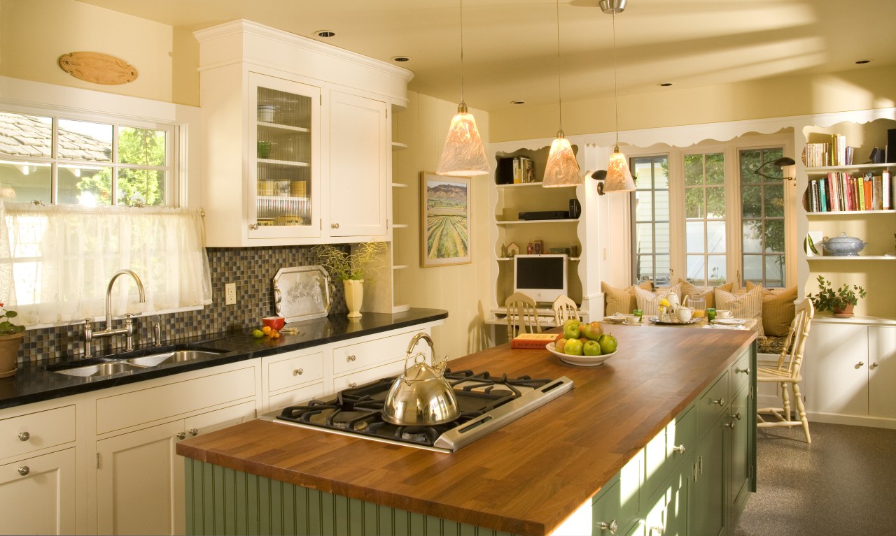 View of remodeled kitchen in a California bungalow, cabinetry, countertop, cuisine classique, home, interior design, kitchen, room, window, orange, brown