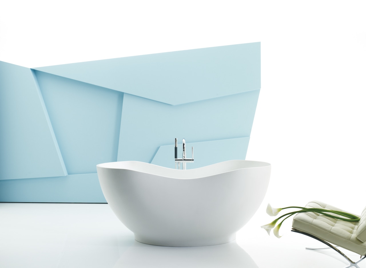 View of contemporary, free-standing bathtub plumbing fixture, product, product design, tableware, tap, toilet seat, white