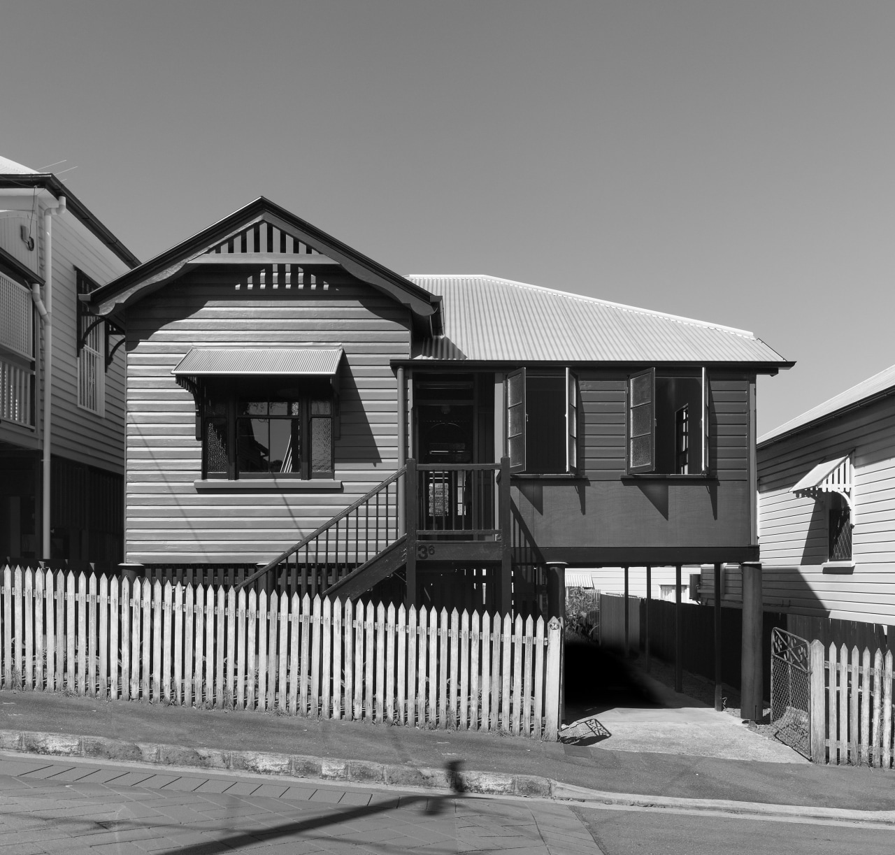 View of an inner city cottage. architecture, black and white, building, facade, home, house, landmark, line, monochrome, monochrome photography, neighbourhood, real estate, residential area, siding, structure, suburb, town, gray, black