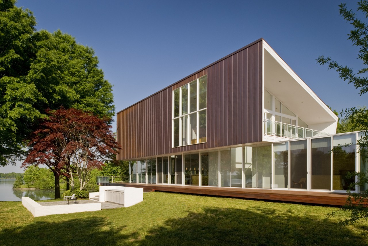 View of contemporary home. architecture, corporate headquarters, cottage, elevation, estate, facade, farmhouse, home, house, mixed use, property, real estate, residential area, siding, villa, brown