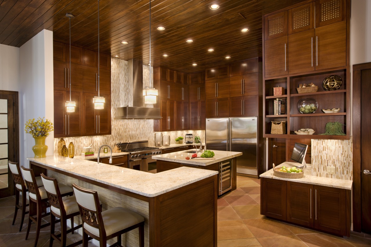 12-ft ceilings. Sandstone floors. Sapele wood cabinetry. Three cabinetry, ceiling, countertop, cuisine classique, interior design, kitchen, brown