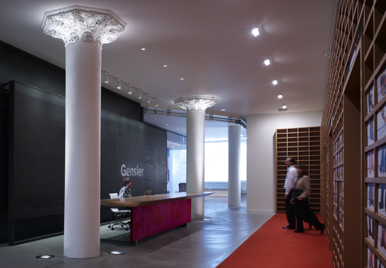 View of the Sullivan Center with red flooring architecture, ceiling, daylighting, interior design, lighting, lobby, gray