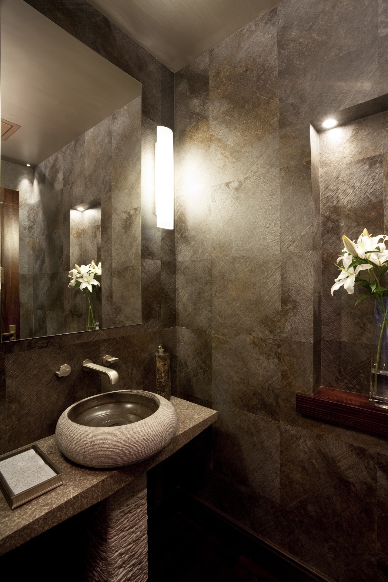 Brown bathroom with contemporary basin. architecture, bathroom, ceiling, home, interior design, room, wall, brown, black