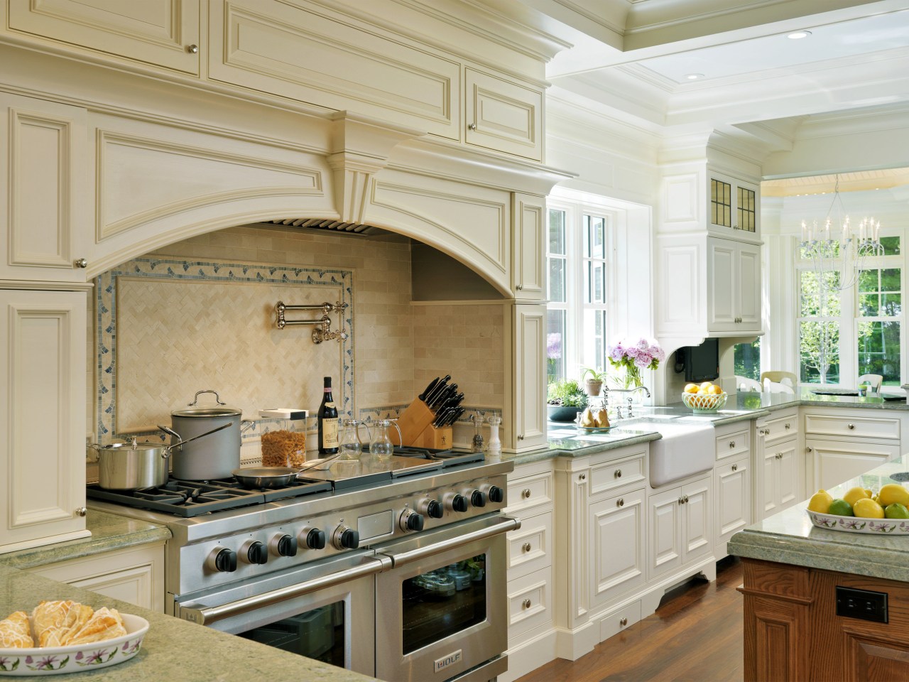 View of kitchen which evokes classic aesthetic, mahogany cabinetry, countertop, cuisine classique, estate, flooring, interior design, kitchen, gray