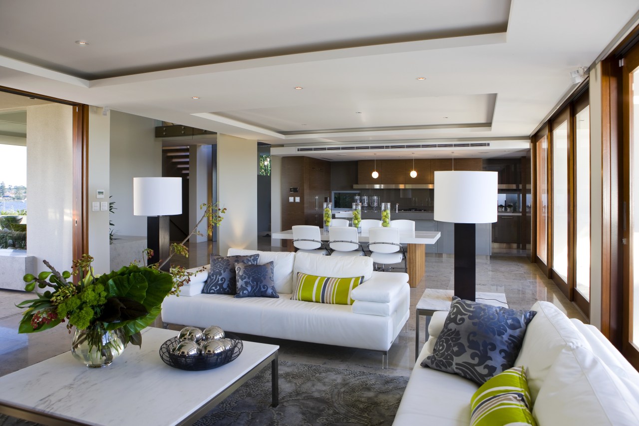 View of open plane lounge and dining area ceiling, interior design, living room, real estate, room, gray