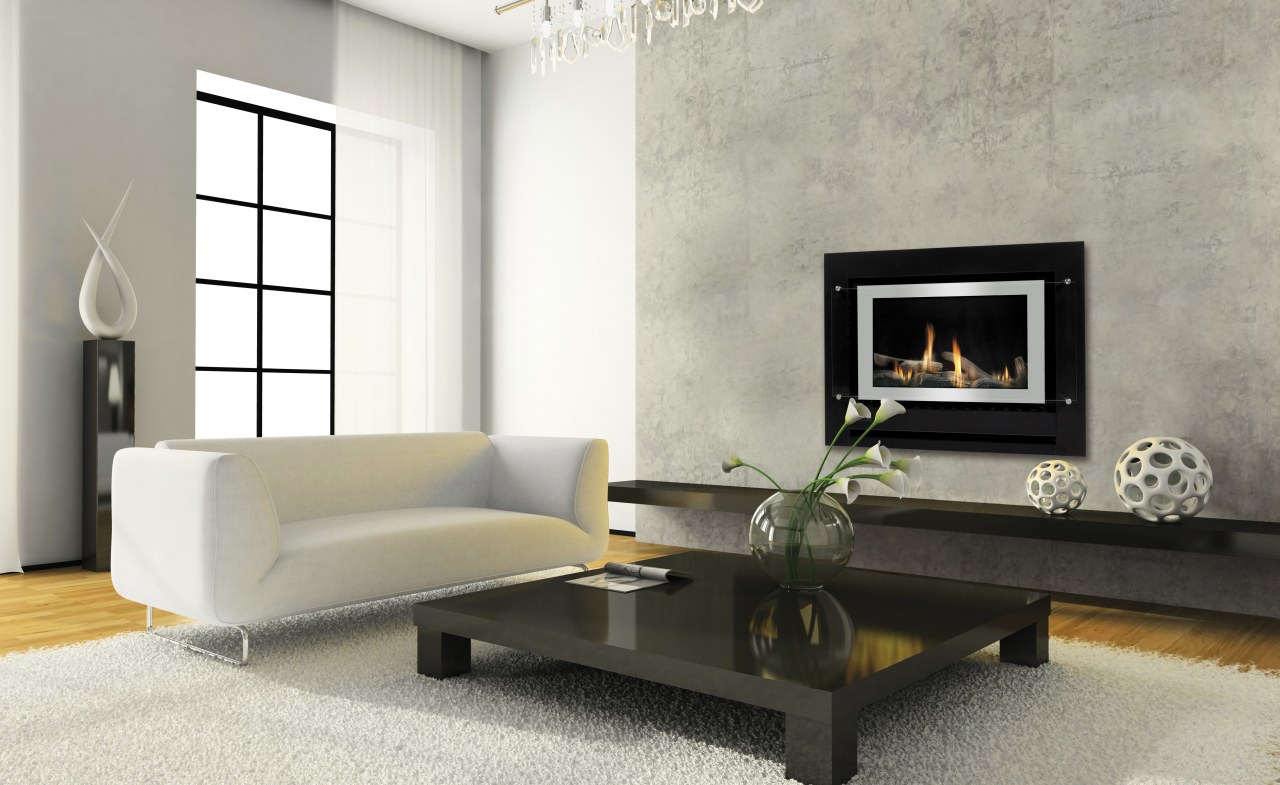 View of fireplaces by Rinnai angle, coffee table, couch, fireplace, floor, flooring, furniture, hearth, home, interior design, living room, loveseat, table, wall, gray, white