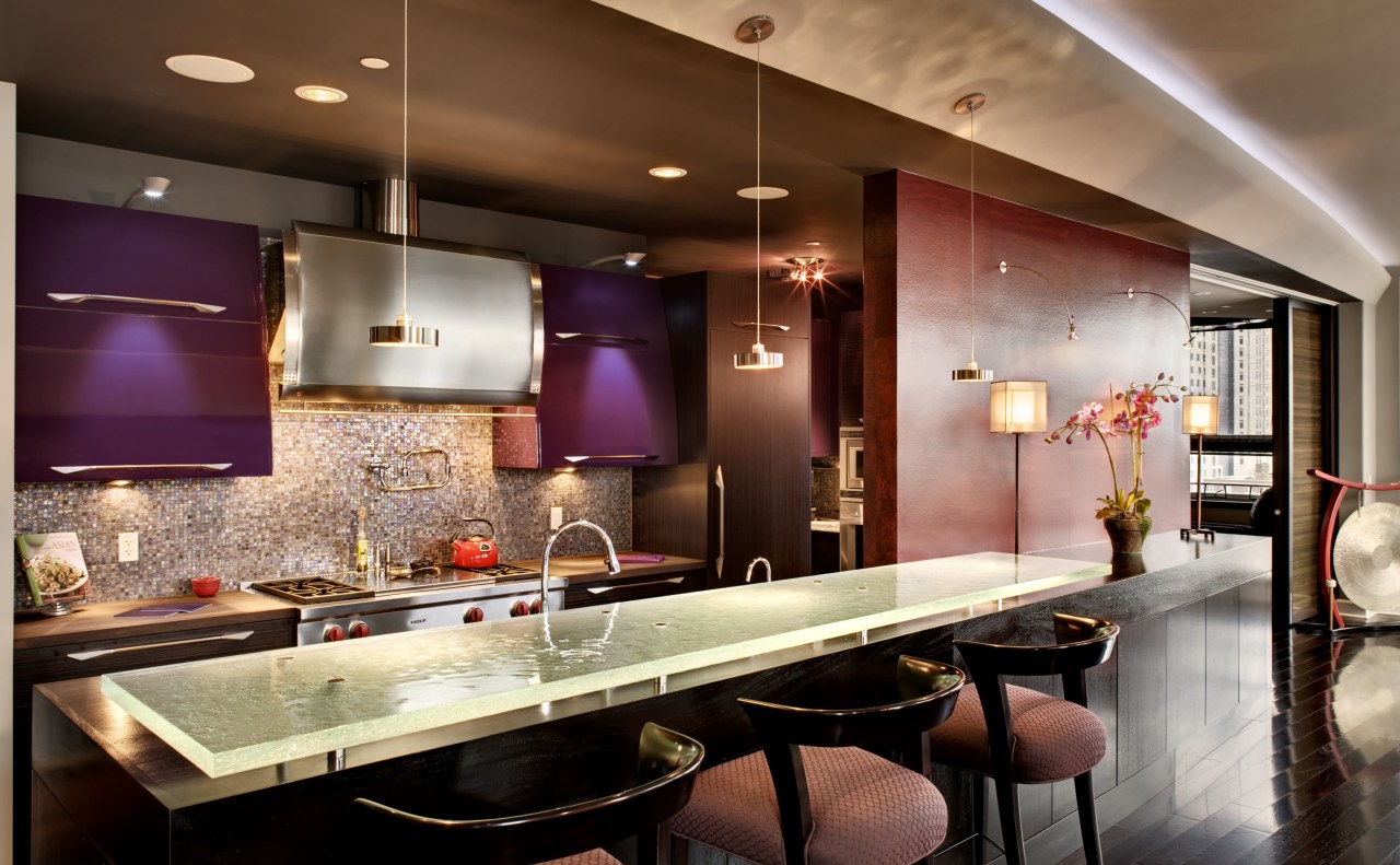 View of kitchen with hood by Zephyr Ventilation, ceiling, countertop, interior design, kitchen, lighting, room, red, brown