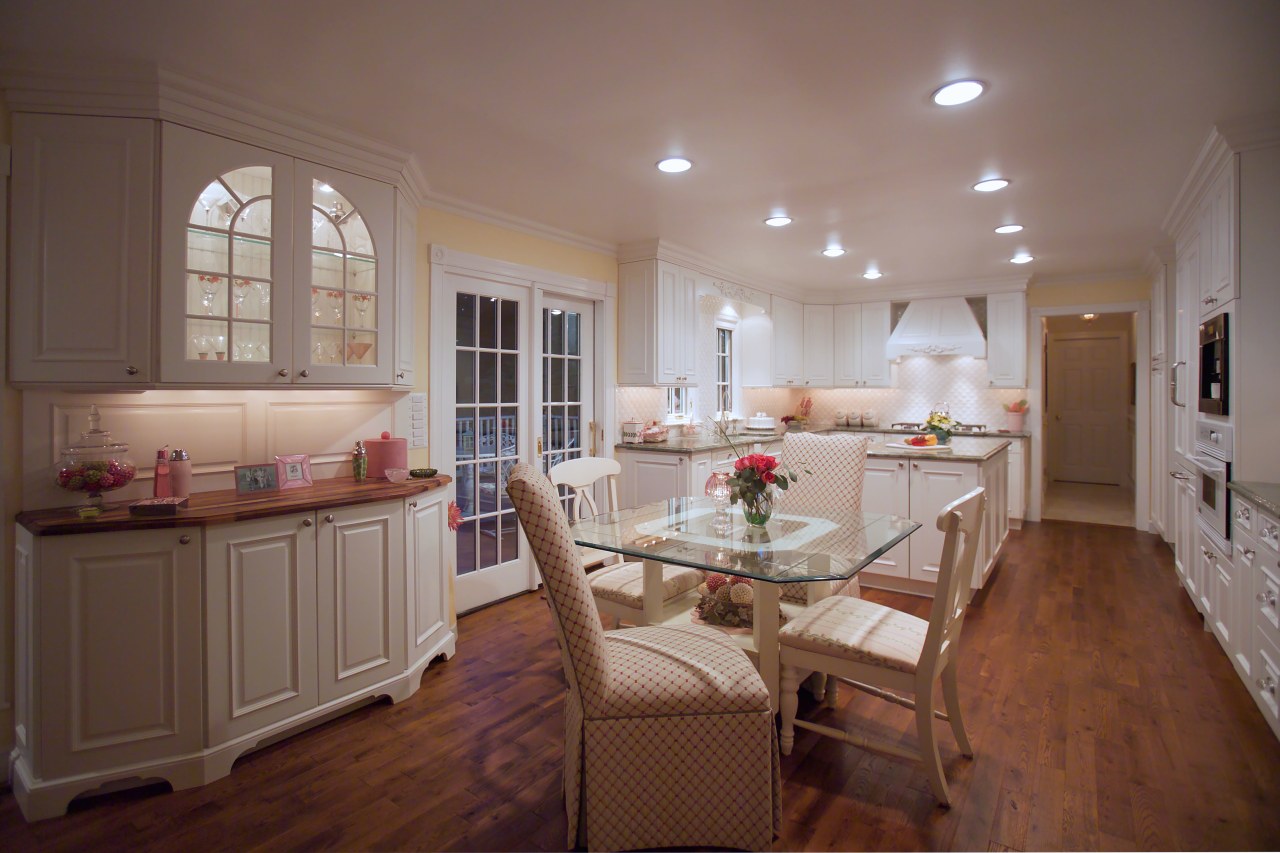 View of Remodeled dining room through to kitchen ceiling, countertop, cuisine classique, dining room, estate, floor, flooring, hardwood, home, interior design, kitchen, living room, property, real estate, room, window, wood, wood flooring, gray, brown