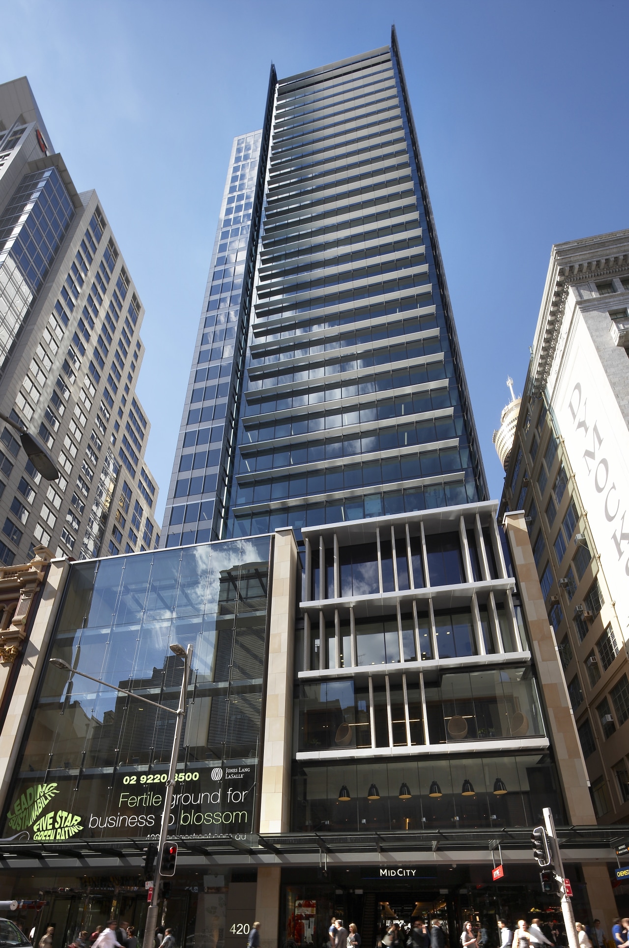 View of 420 George Street, featuring frameless vitrines architecture, building, city, commercial building, condominium, corporate headquarters, daytime, downtown, facade, headquarters, infrastructure, landmark, metropolis, metropolitan area, mixed use, neighbourhood, sky, skyscraper, tower, tower block, urban area, black