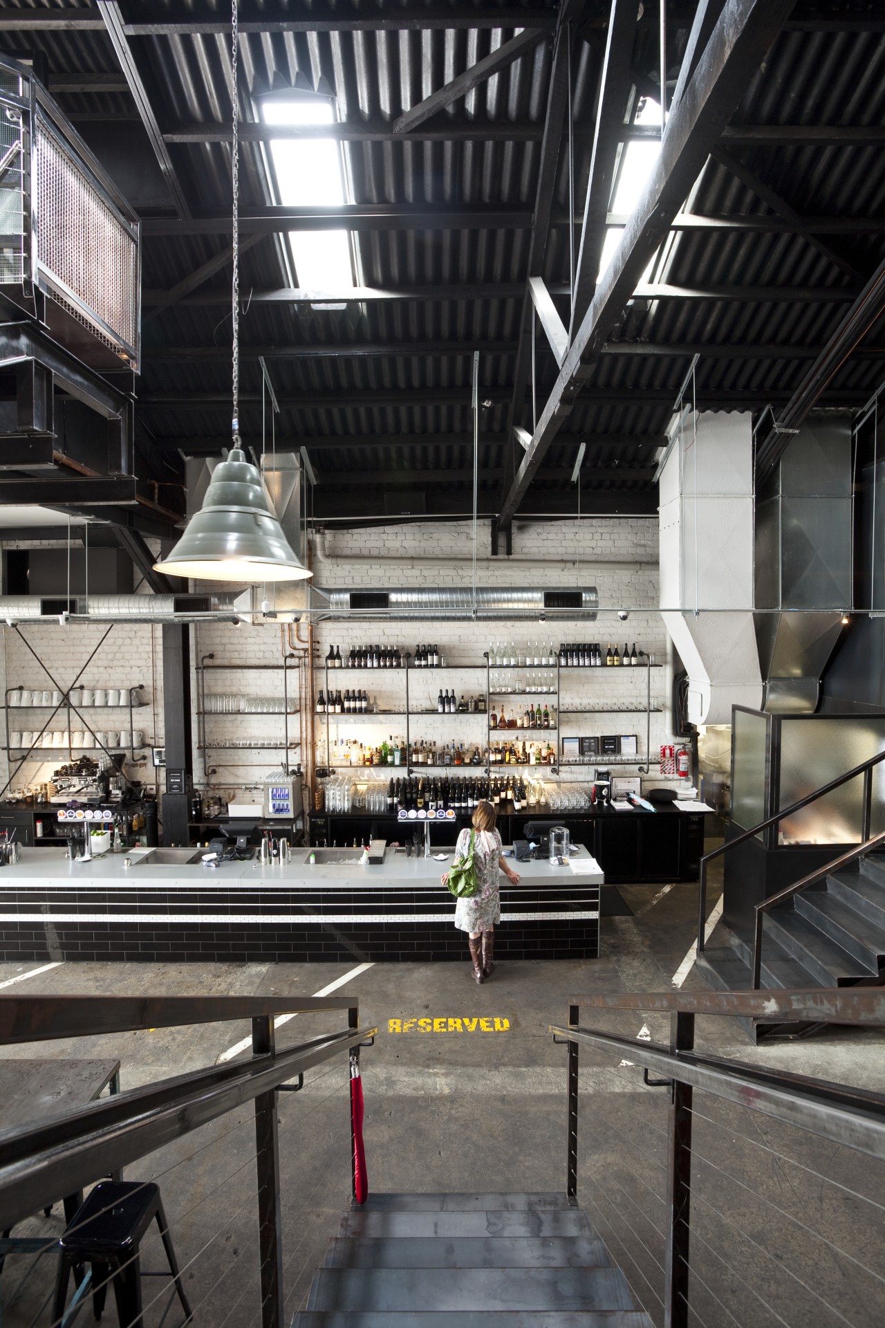 Interior view of the Britomart precinct. daylighting, hangar, black, gray