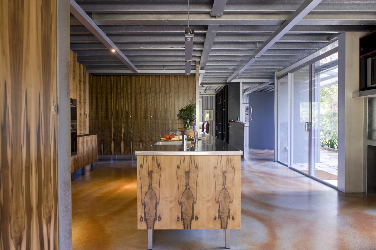 The house and kitchen designed by Jonothan Grose-Jong architecture, ceiling, floor, flooring, hardwood, house, interior design, loft, real estate, table, wood, wood flooring, brown, gray