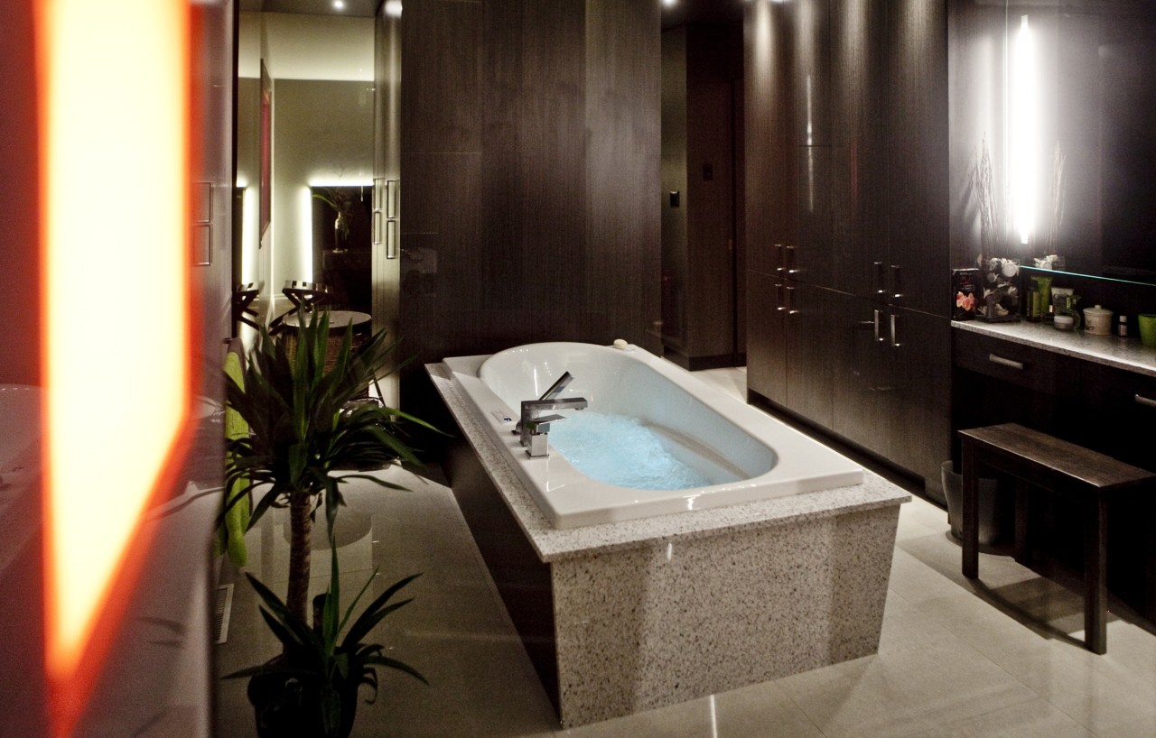 View of contemporary bathroom with dark cabinets bathroom, interior design, room, brown