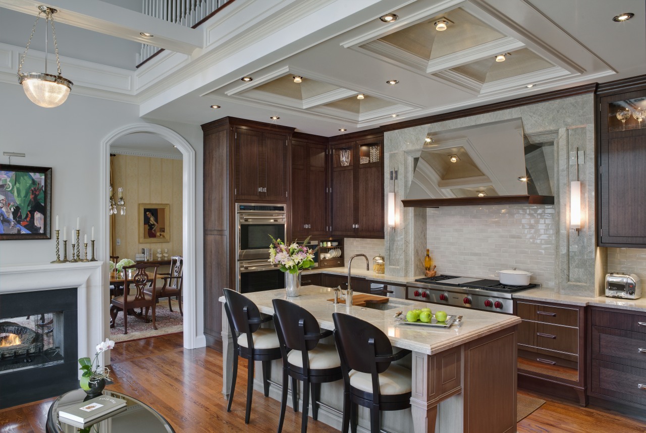 Stainless steel appliances.  Dark walnut surfaces. Custom cabinetry, ceiling, countertop, cuisine classique, estate, interior design, kitchen, living room, real estate, room, gray