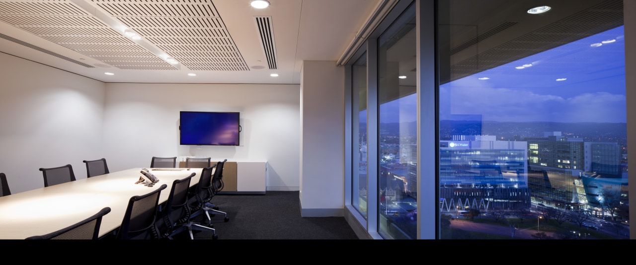 View of a conference room with  floor ceiling, interior design, lighting, office, real estate, gray, blue