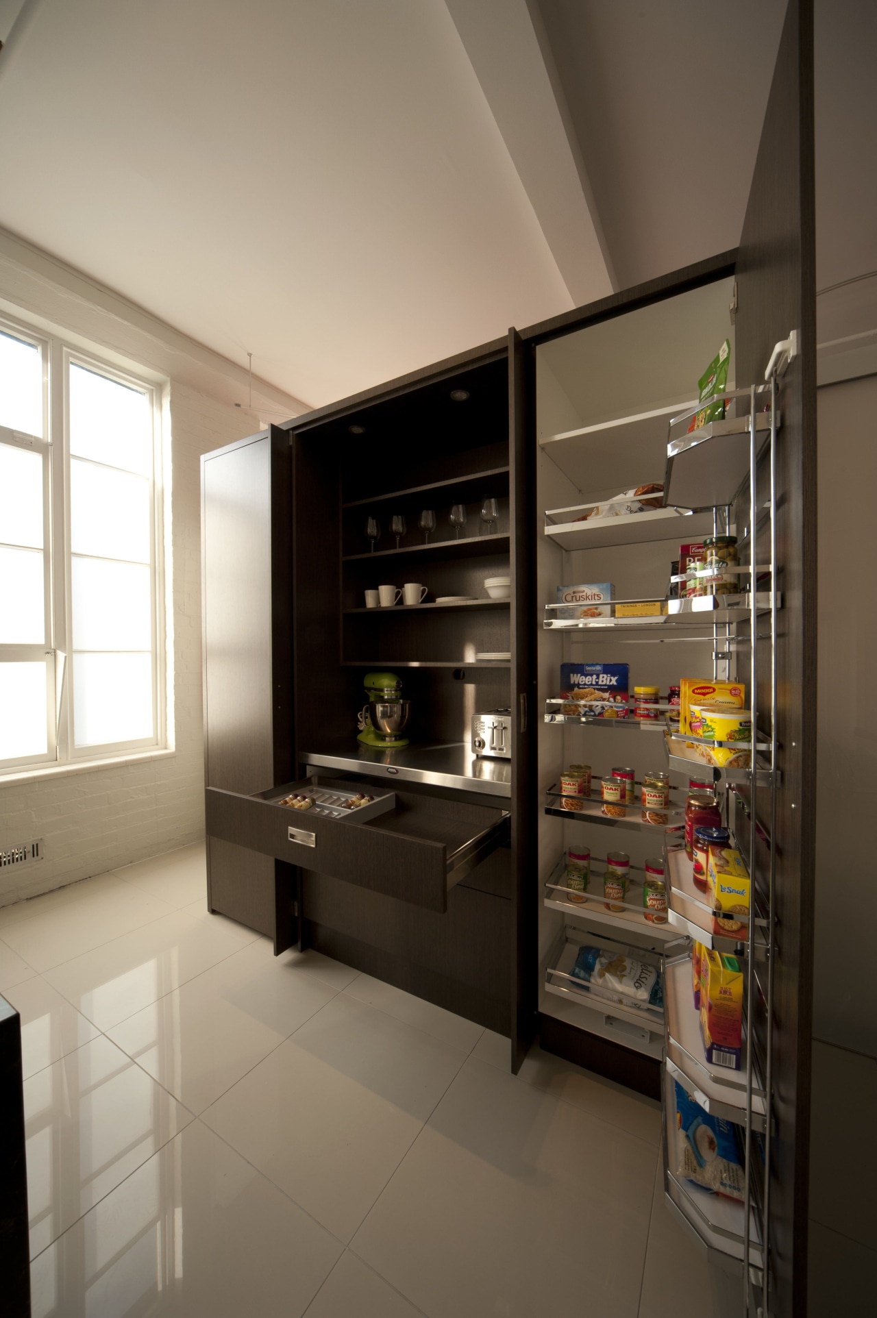 Upmarket kitchen cabinet. Allure Oak. Matt finish. Vertical interior design, refrigerator, shelf, shelving, brown, gray