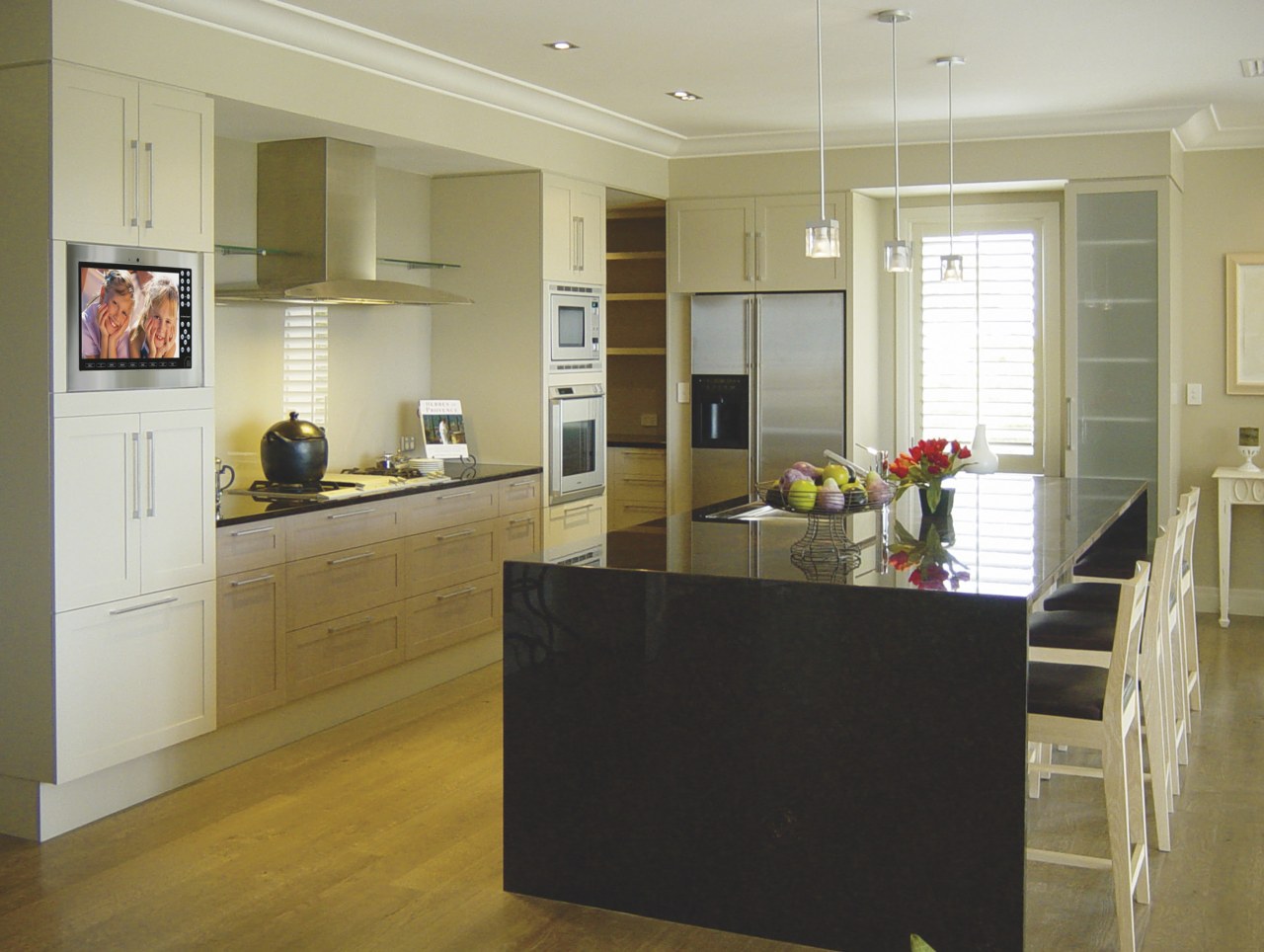 Kitchen. Home Automation. Technology. Future. Onetouch. cabinetry, countertop, cuisine classique, floor, flooring, hardwood, home, interior design, kitchen, laminate flooring, living room, real estate, room, wood flooring, brown, gray