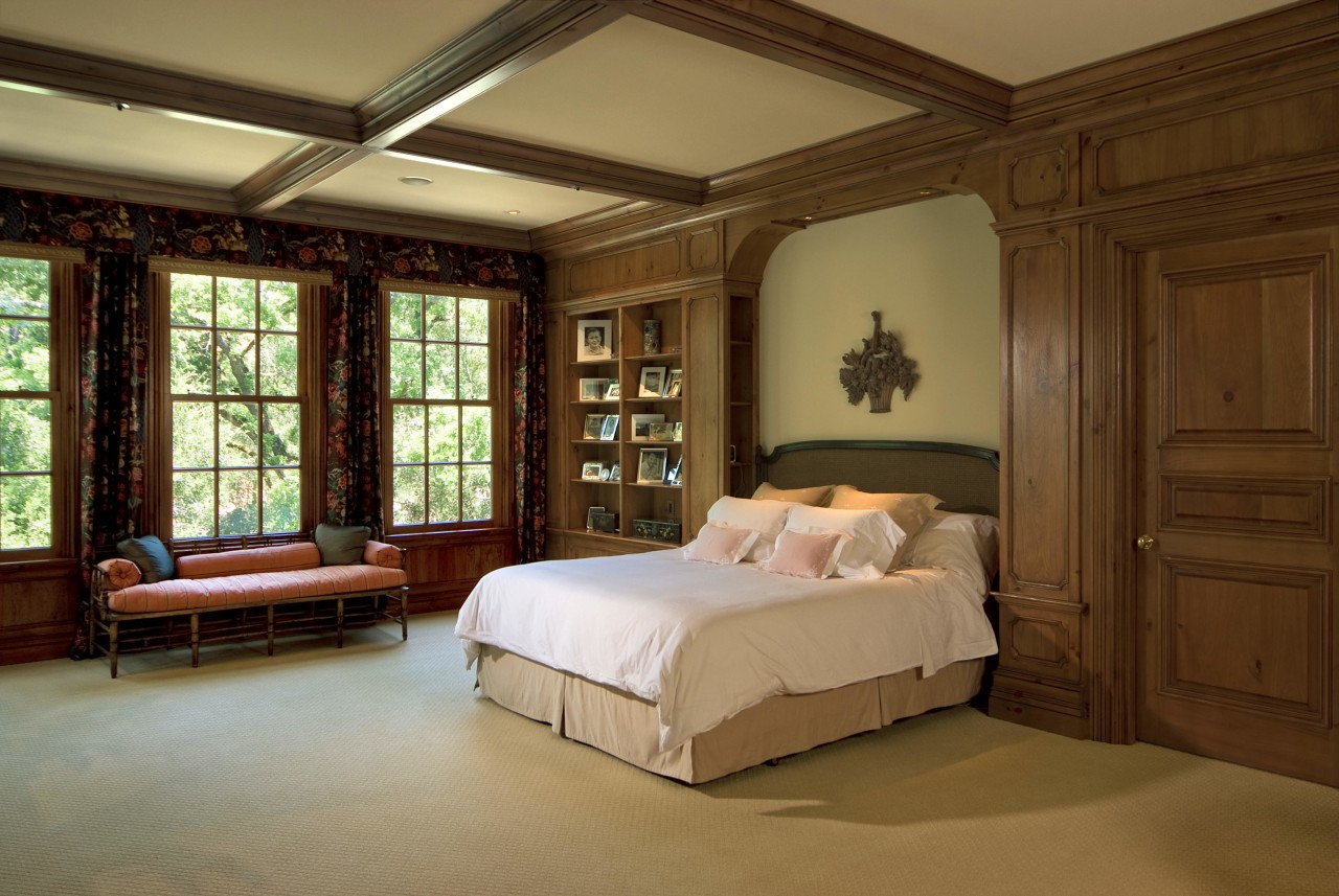 This is a master suite designed by Chuck bed, bed frame, bedroom, ceiling, estate, furniture, interior design, real estate, room, wall, window, wood, brown