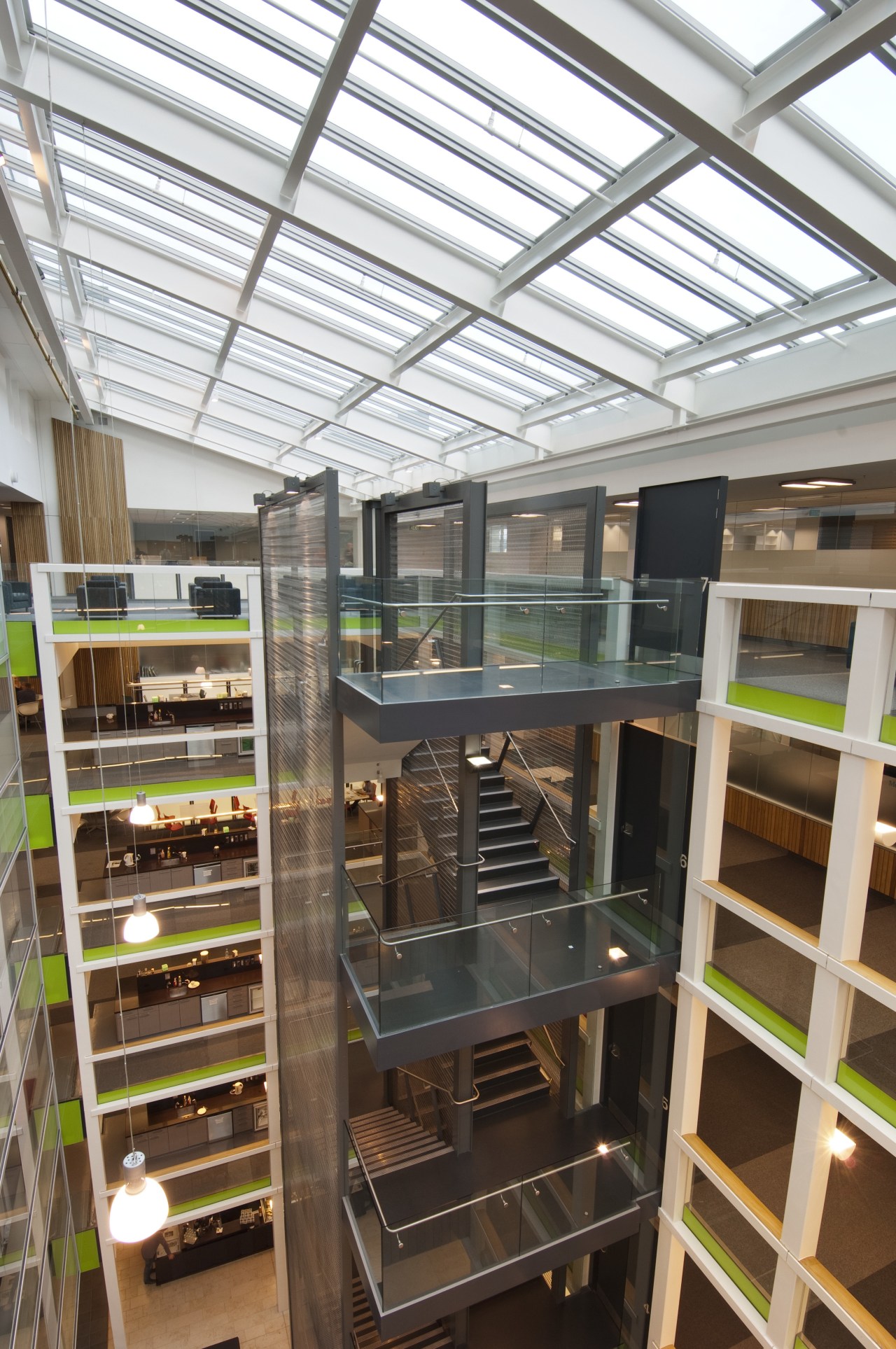 View of the interior of the Vogel Center shelving, white, brown