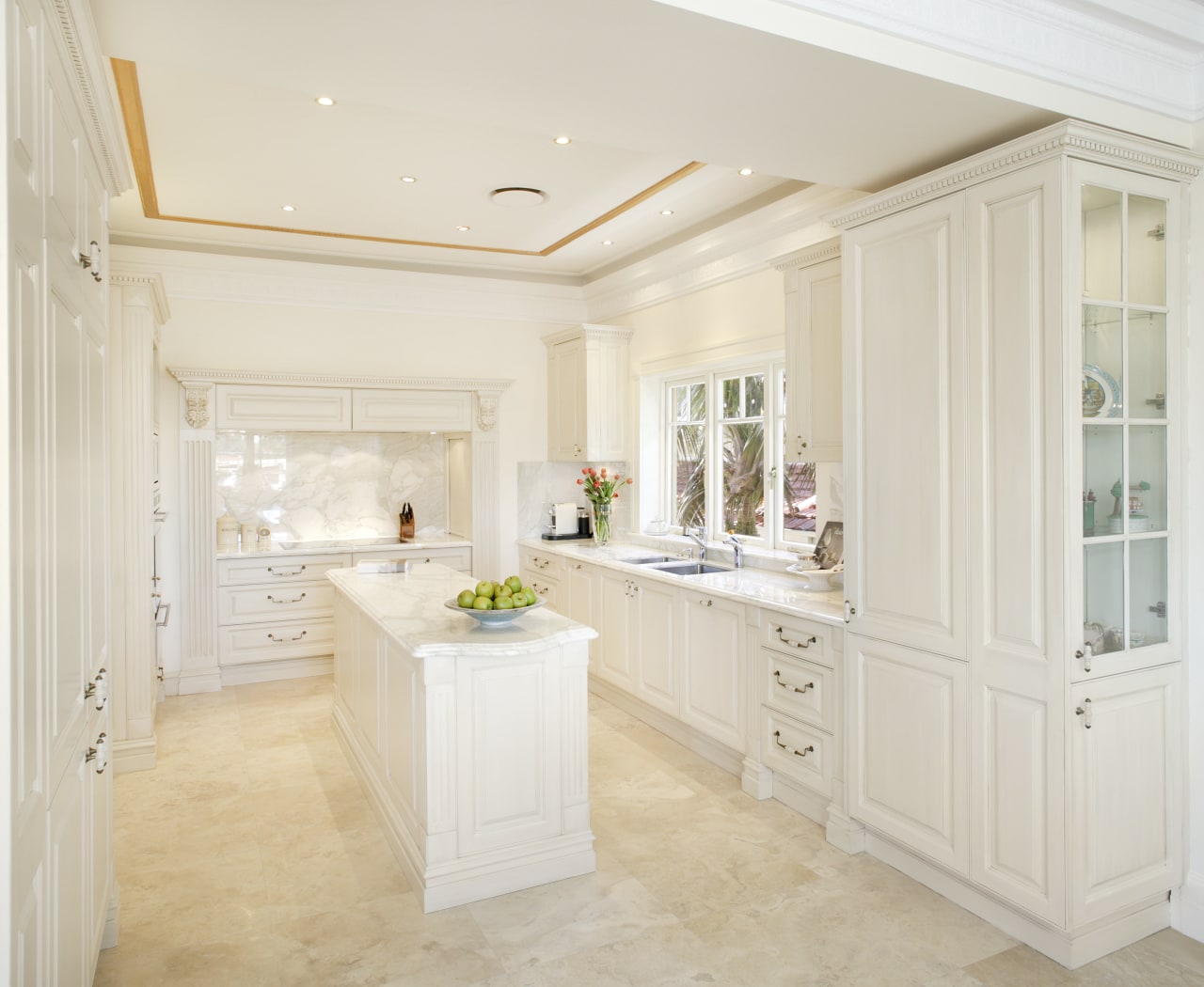 View of kitchen with cream and white colour cabinetry, ceiling, countertop, cuisine classique, estate, floor, flooring, home, interior design, kitchen, real estate, room, white