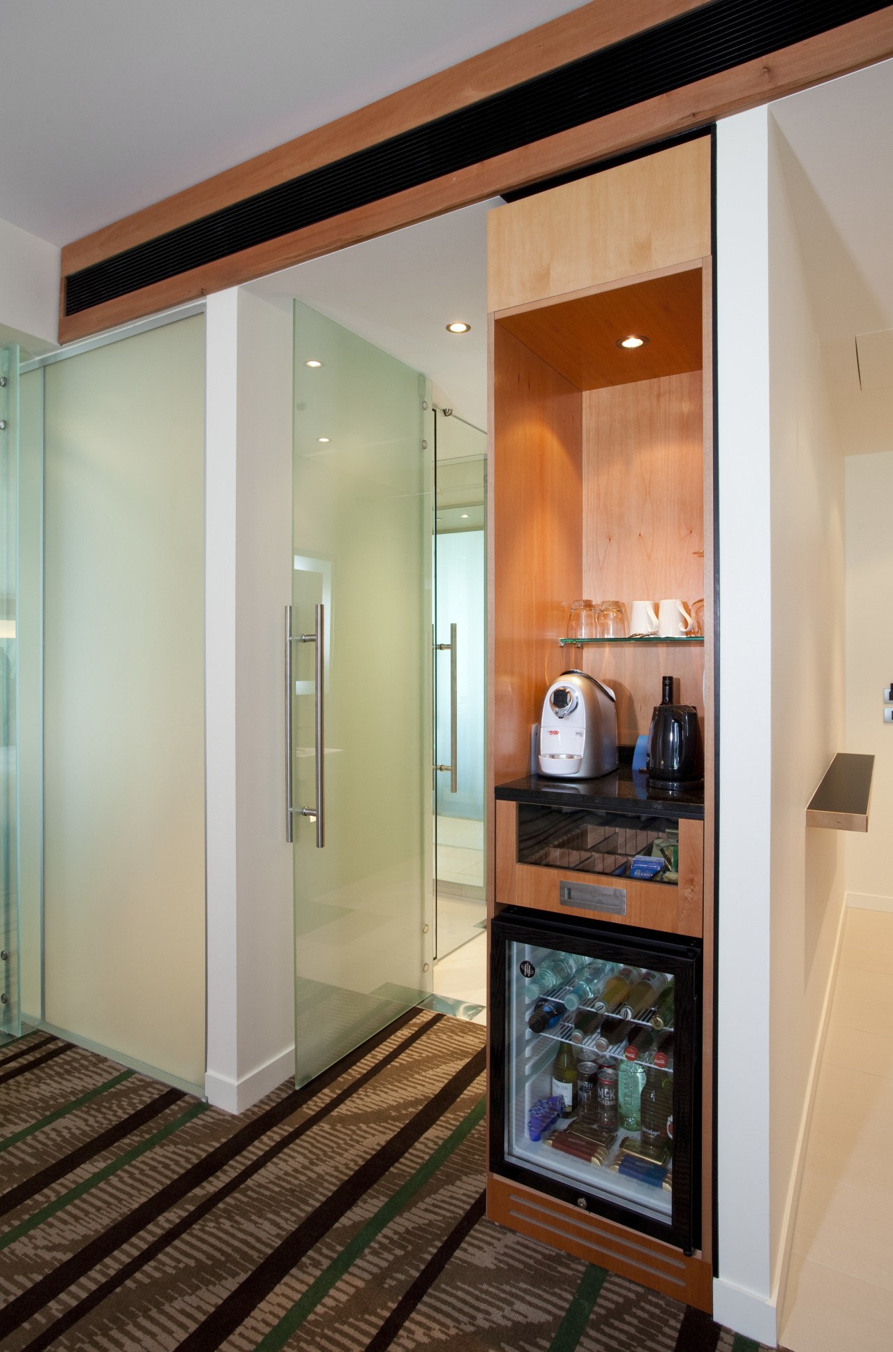 View of guest room in the Novotel Auckland ceiling, door, interior design, gray