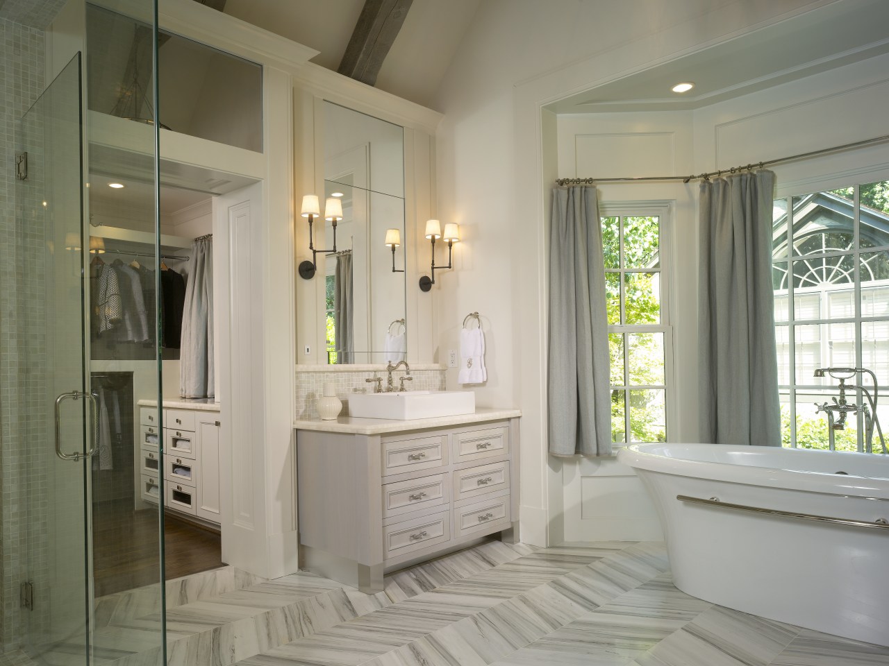 This master suite's architects were James Hess and bathroom, bathroom accessory, bathroom cabinet, estate, floor, flooring, home, interior design, real estate, room, window, gray