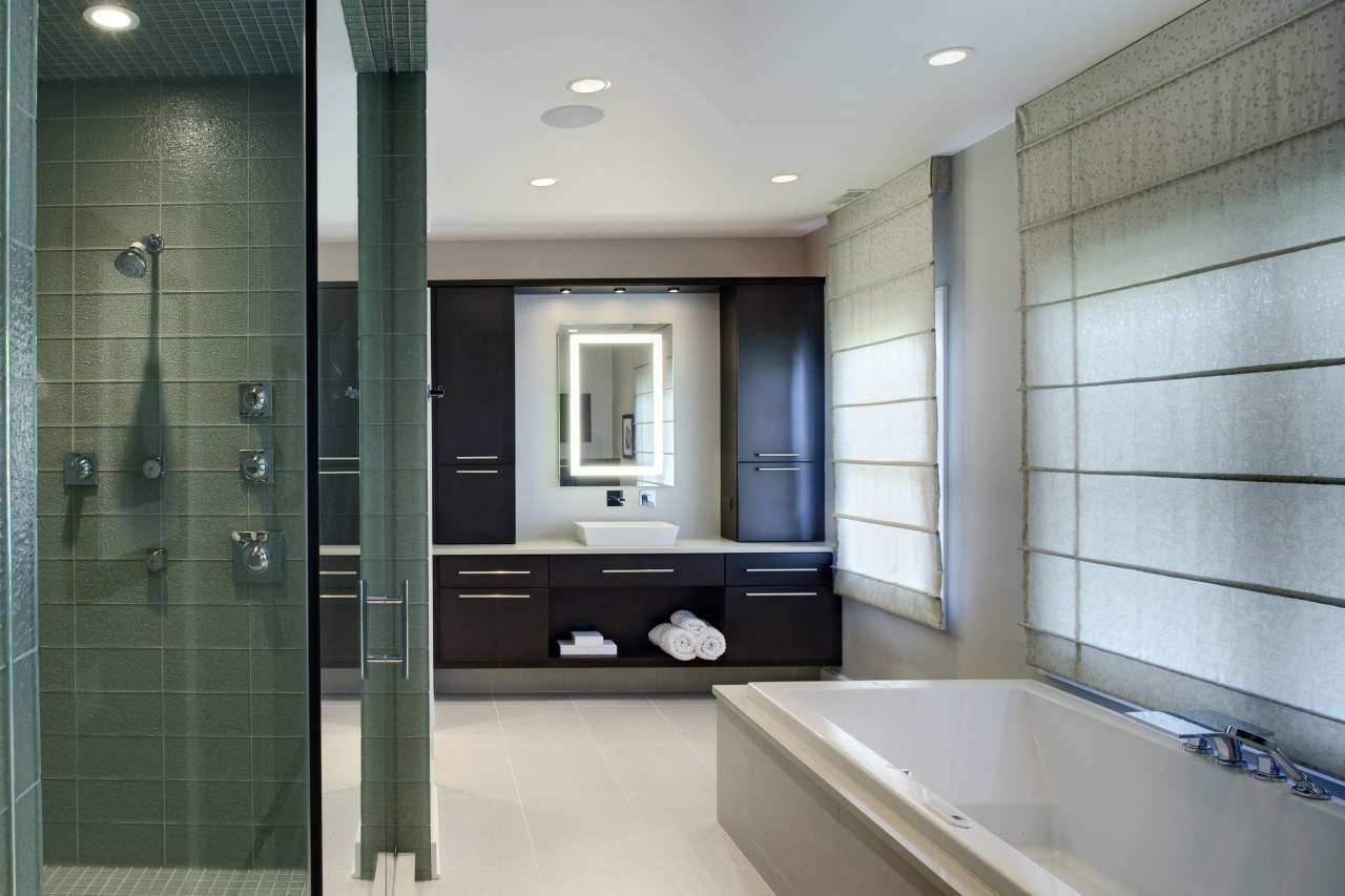 This suite which has been redesigned by Drury bathroom, floor, interior design, room, gray