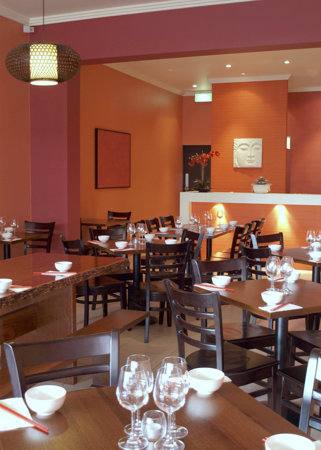 Resene provided the paints for this new Asian café, dining room, function hall, interior design, restaurant, table, red