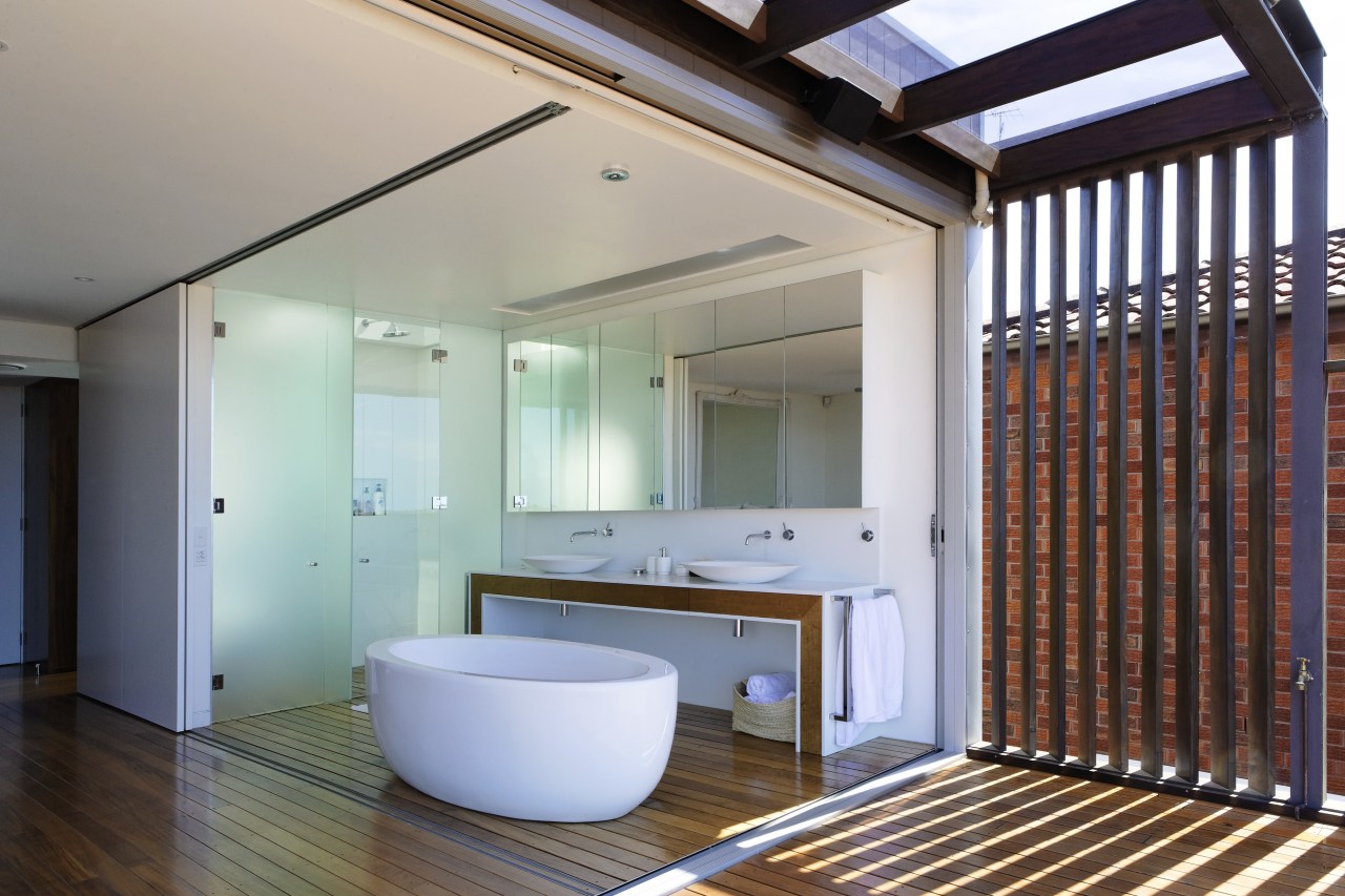 Bathroom opening onto deck, with contemporary free standing architecture, daylighting, estate, house, interior design, real estate, room, gray