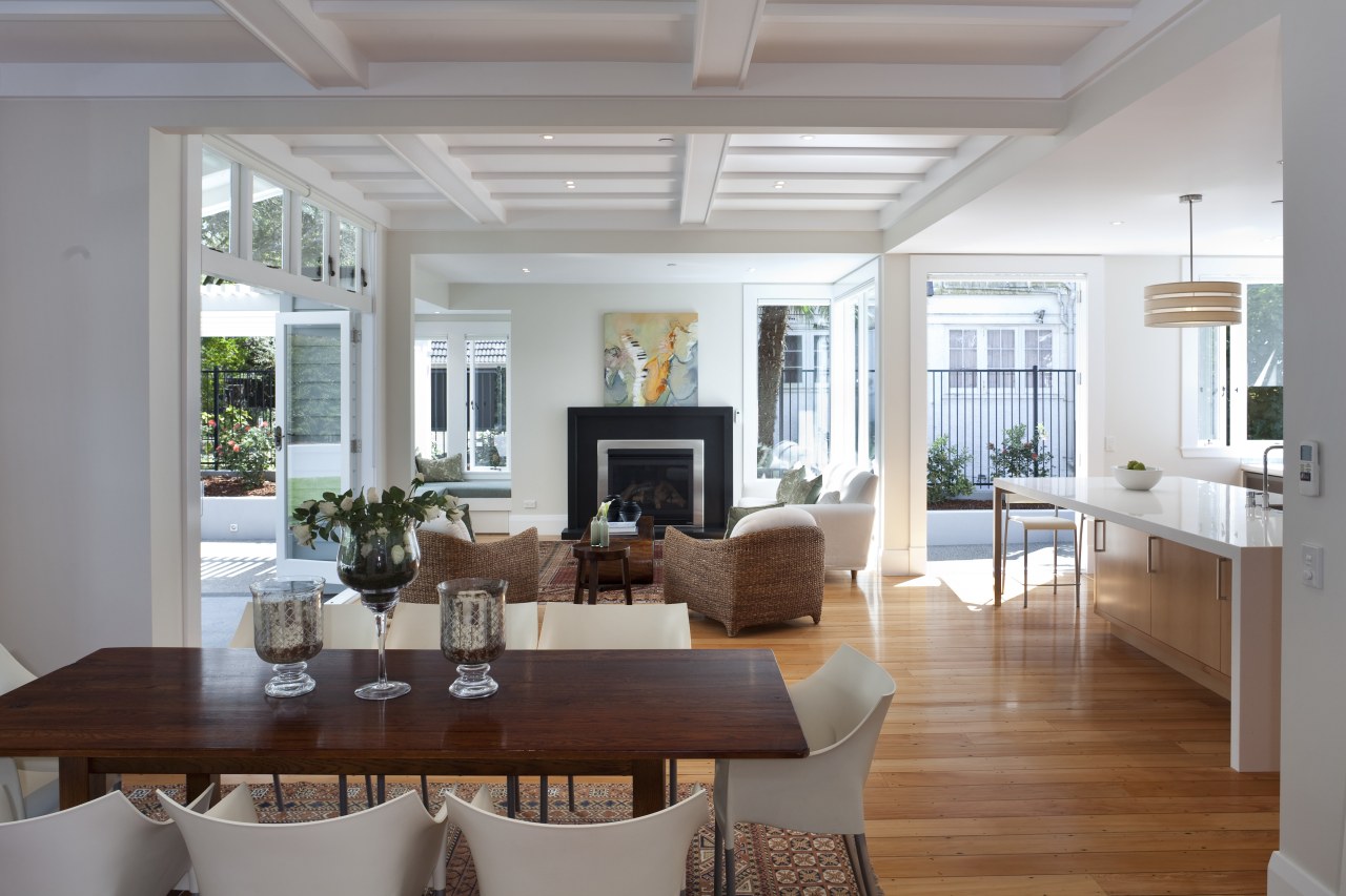 Architects Jane Aimer and Lindley Naismith of Scarlet ceiling, daylighting, dining room, home, house, interior design, living room, property, real estate, room, table, window, gray