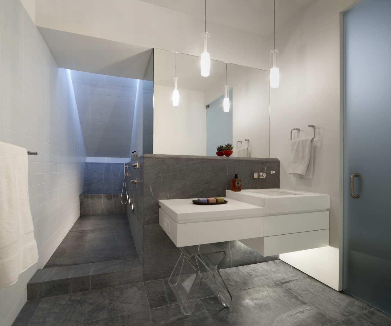 View of contemporary bathroom with white walls, grey architecture, bathroom, floor, flooring, interior design, product design, real estate, room, sink, tile, gray