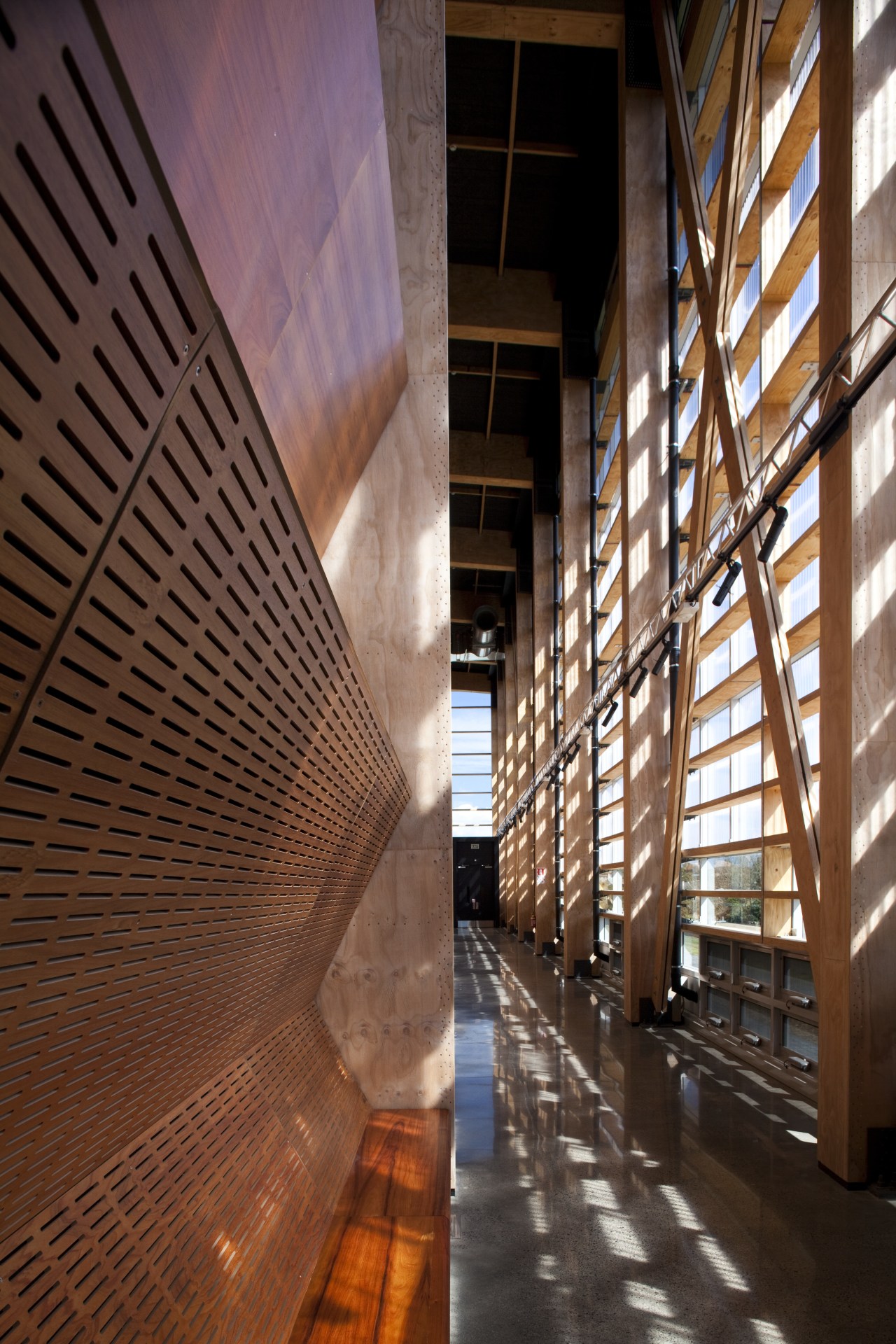 The timber for this MOTAT Aviation Display Hall architecture, building, daylighting, light, structure, wood, brown