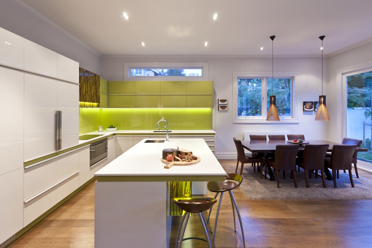 View of contemporary kitchen with wooden flooring and interior design, kitchen, real estate, room, table, gray