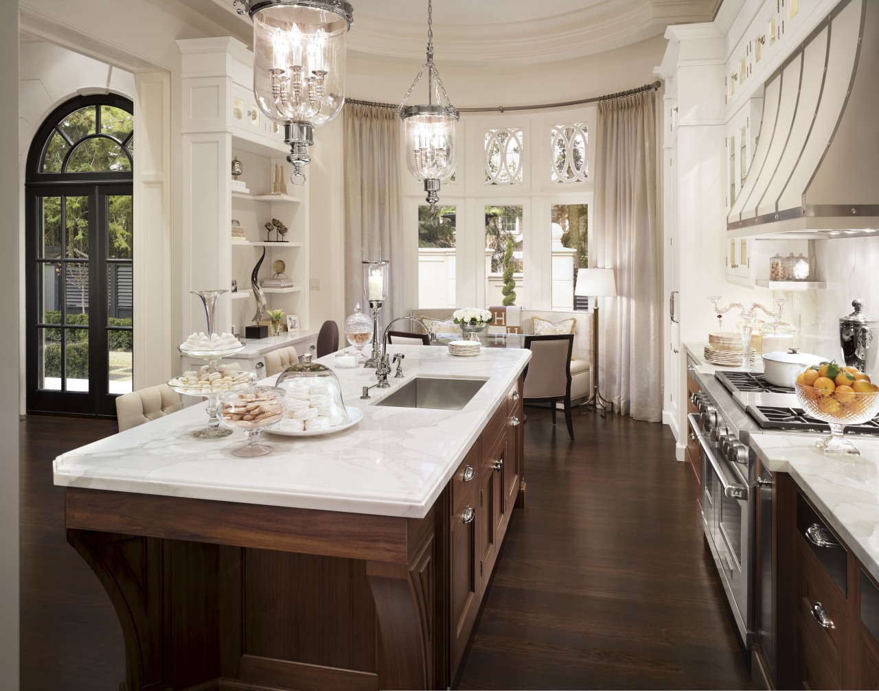 View of kitchen with dark wooden flooring and cabinetry, countertop, cuisine classique, dining room, home, interior design, kitchen, room, window, gray, brown