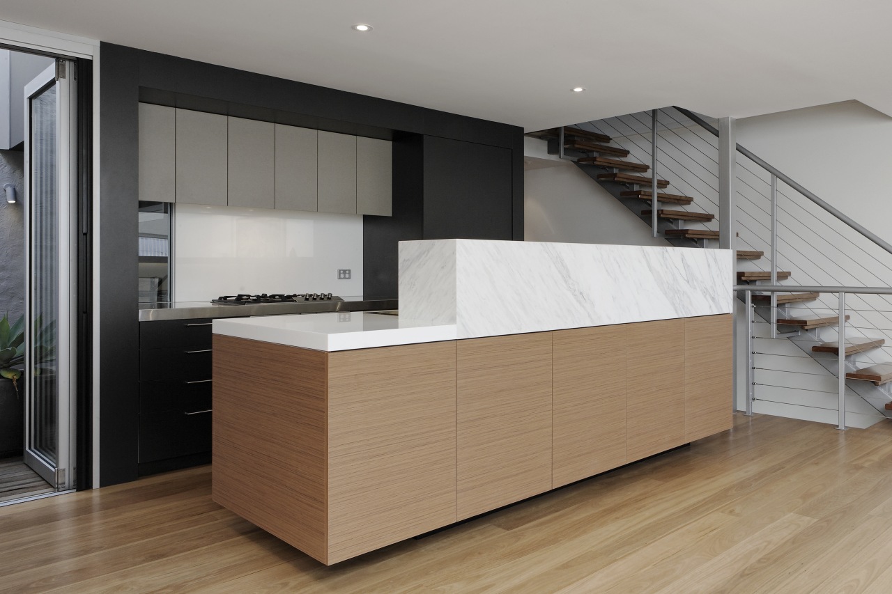 View of contemporary kitchen island with wooden flooring cabinetry, countertop, cuisine classique, floor, flooring, furniture, hardwood, interior design, kitchen, product design, room, wood, wood flooring, gray