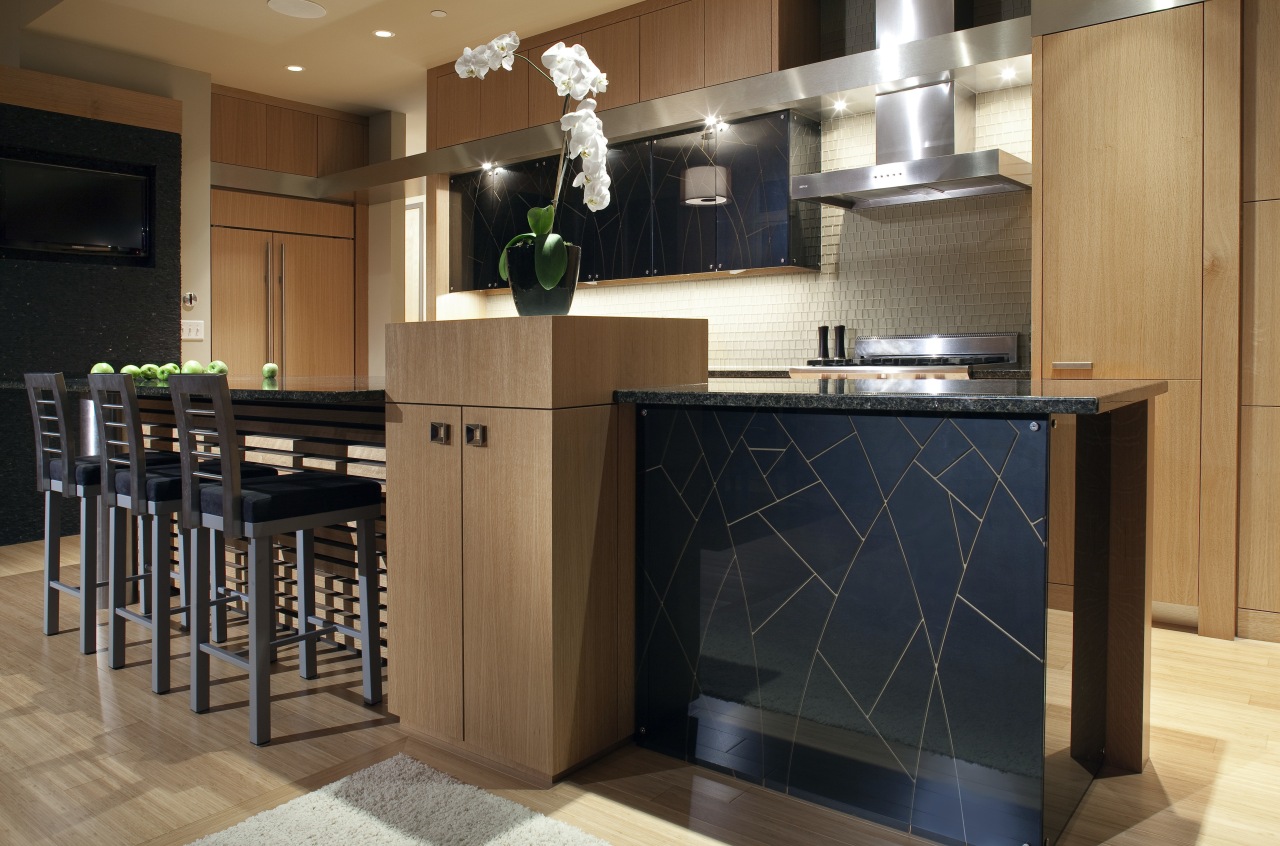 View of contemporary kitchen with wooden features and cabinetry, countertop, cuisine classique, floor, flooring, hardwood, interior design, kitchen, room, wood flooring, brown, black