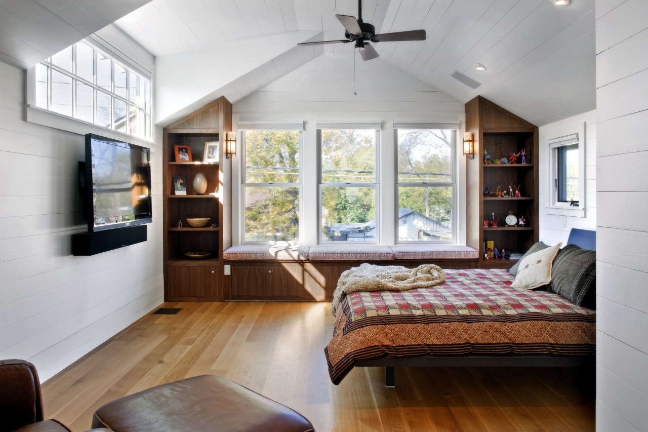 View of bedroom with wooden floor, bed with bedroom, ceiling, floor, home, house, interior design, living room, real estate, room, wall, window, gray, white