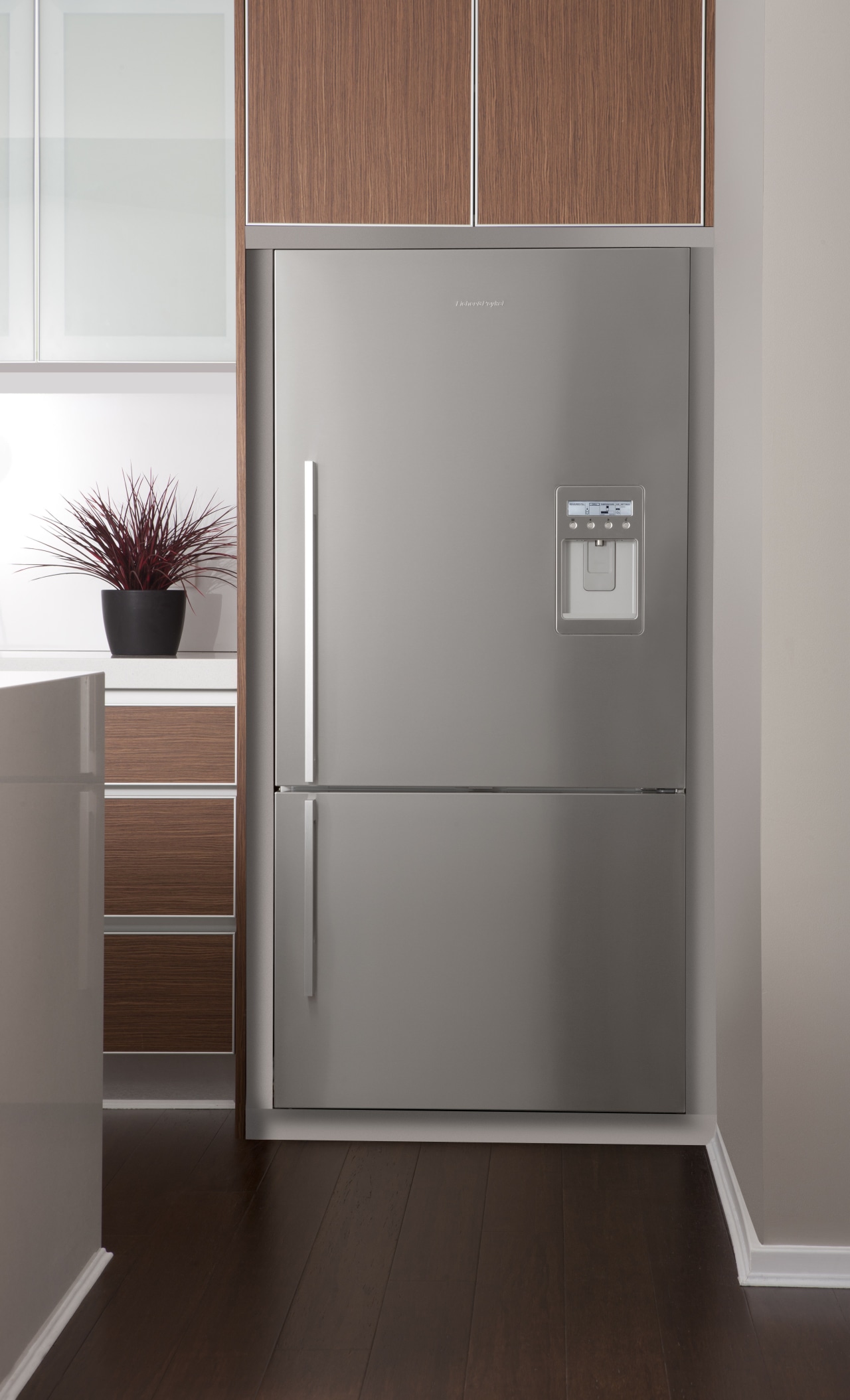 View of stainless fridge. cabinetry, cupboard, floor, furniture, home appliance, product, product design, refrigerator, wardrobe, gray