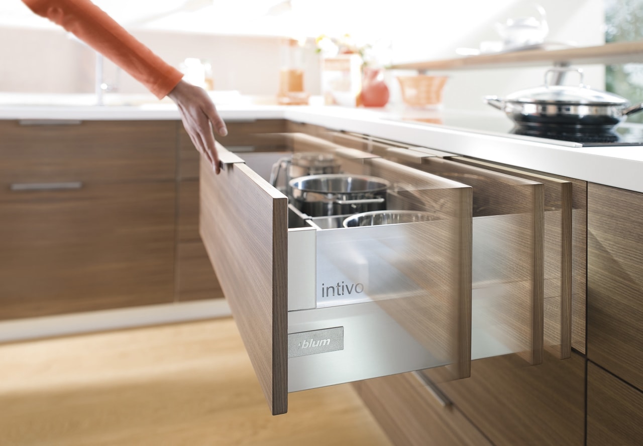 View of Blum dish drawer. countertop, drawer, furniture, kitchen, product design, white, brown