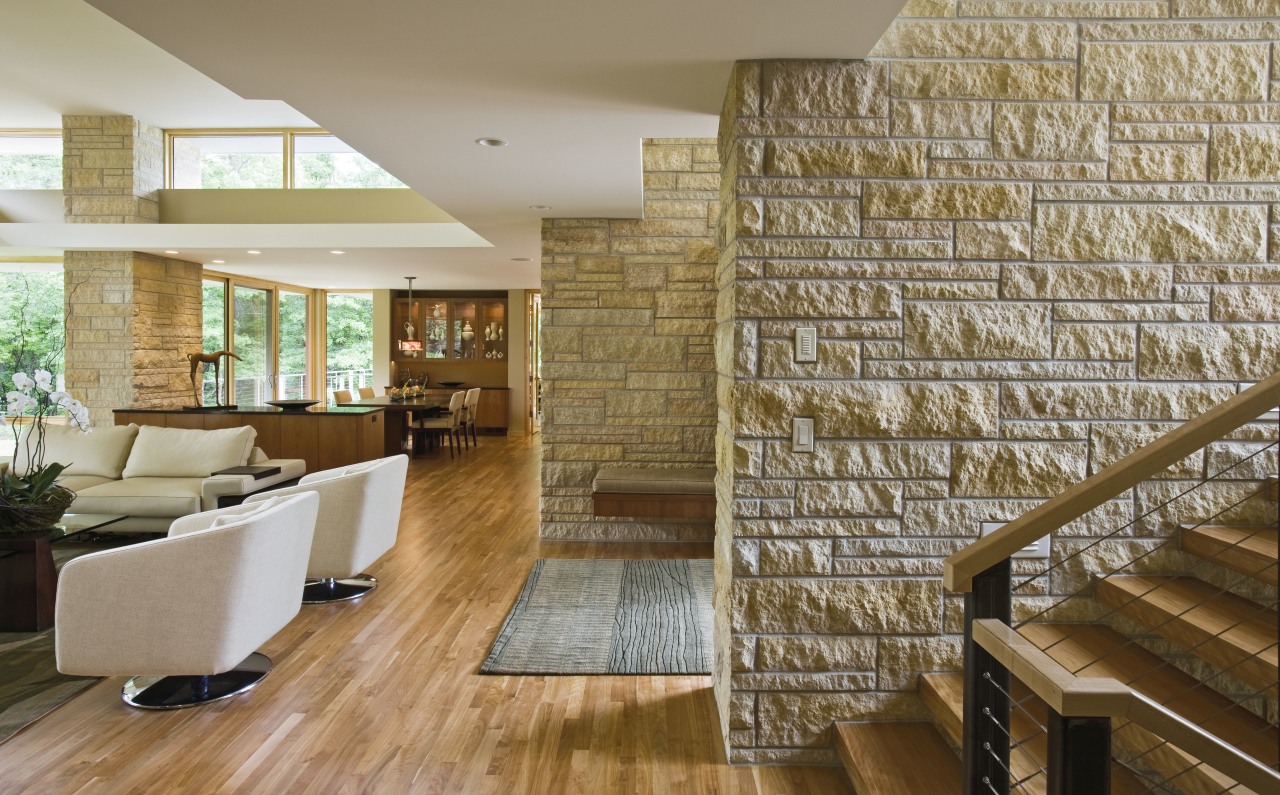 View of open plan room with stairs and floor, flooring, hardwood, interior design, laminate flooring, living room, lobby, real estate, wall, wood, wood flooring, brown